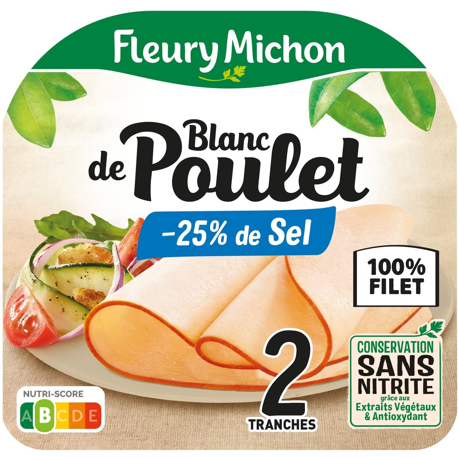 Blanc de poulet réduit en sel FLEURY MICHON - 2 tranches - 80g