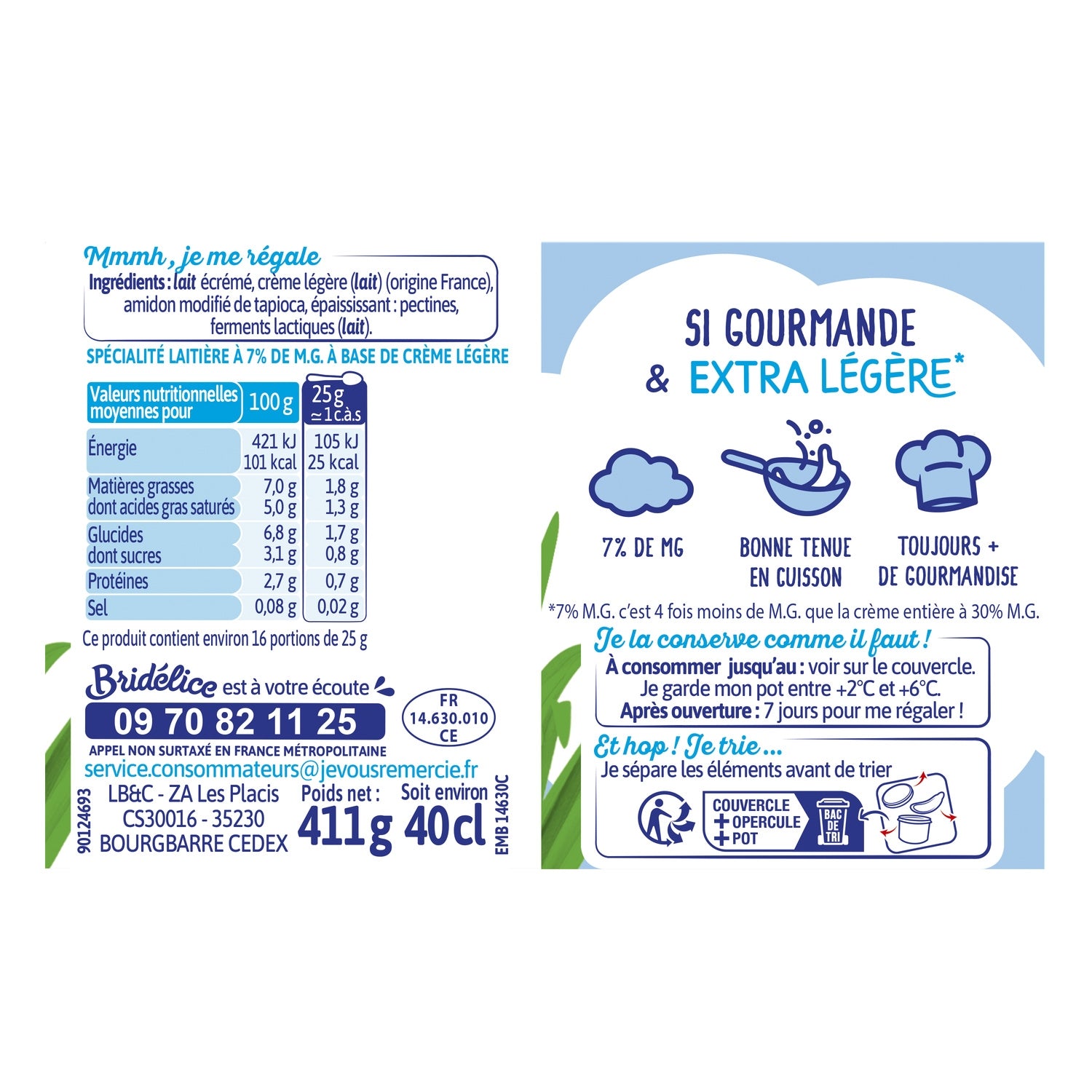 Crème Extra Légère et Epaisse 7% M.G BRIDELICE - le pot de 411 G