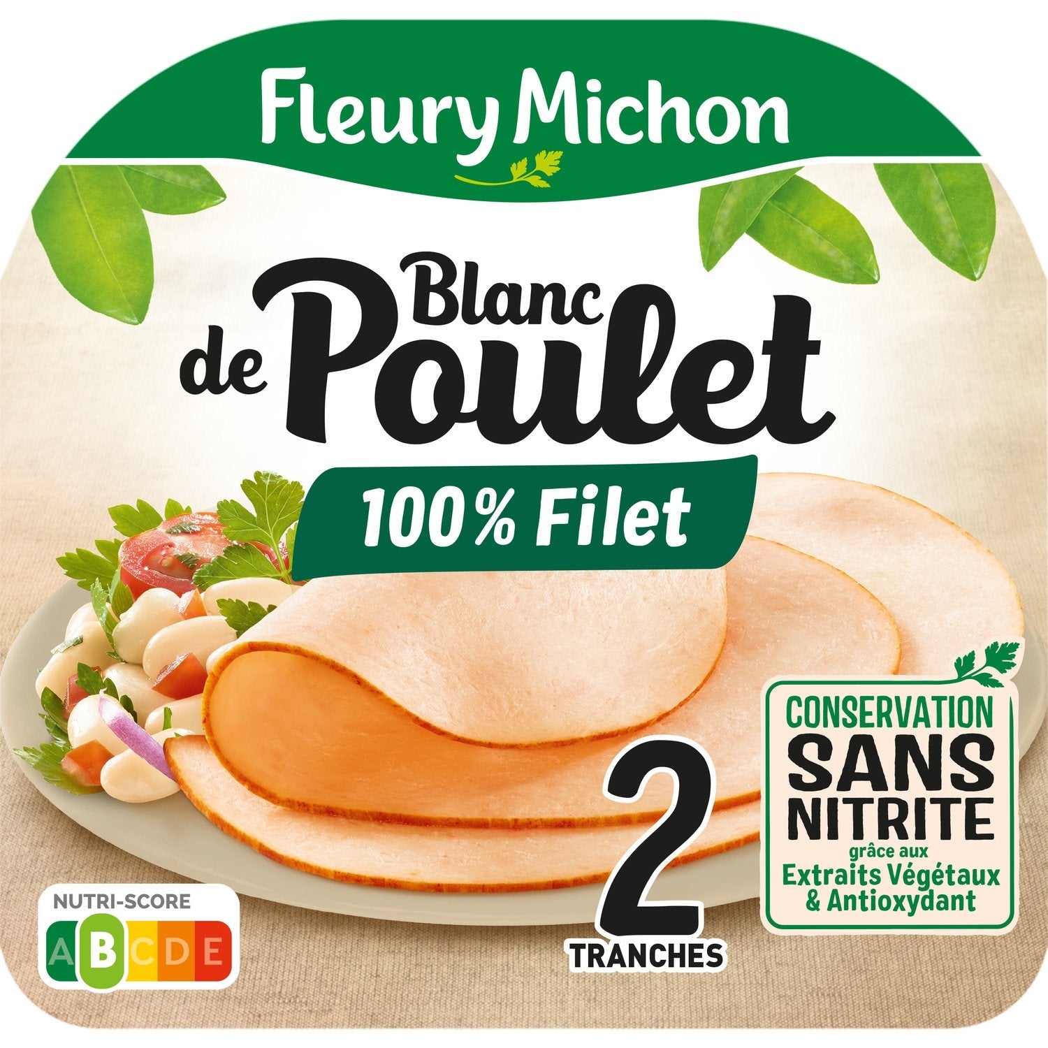 Blanc de poulet 100% filet conservation sans nitrite FLEURY MICHON - 2 tranches - 65g