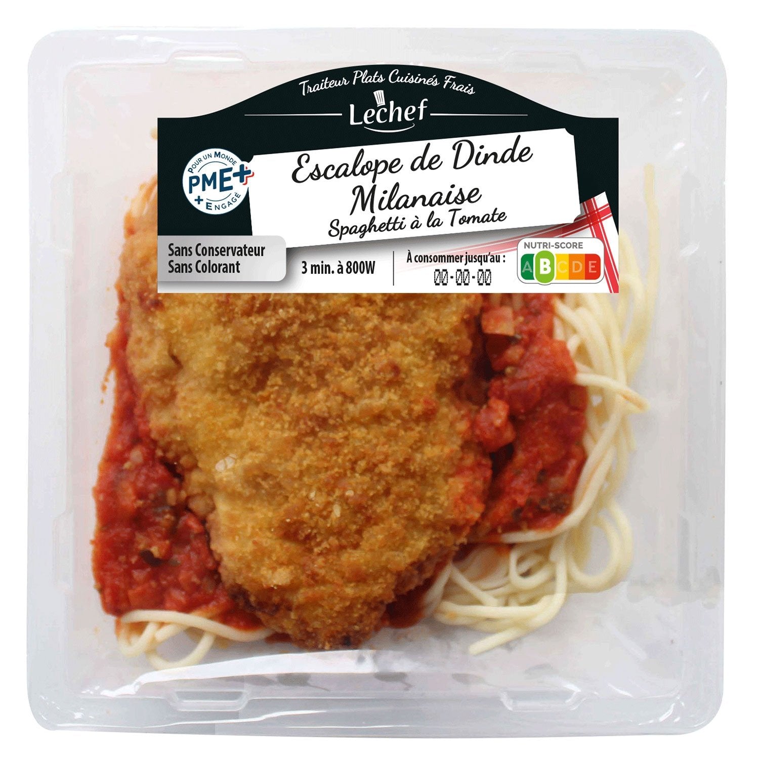 Plat cuisiné escalope Milanaise spaghetti et sauce tomate LE CHEF - barquette de 300g