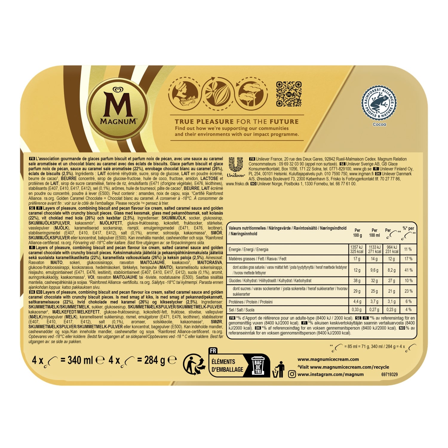 Glace Bâtonnet Double Gold Caramel Billionaire MAGNUM - la boite de 4 bâtonnets de 284 g