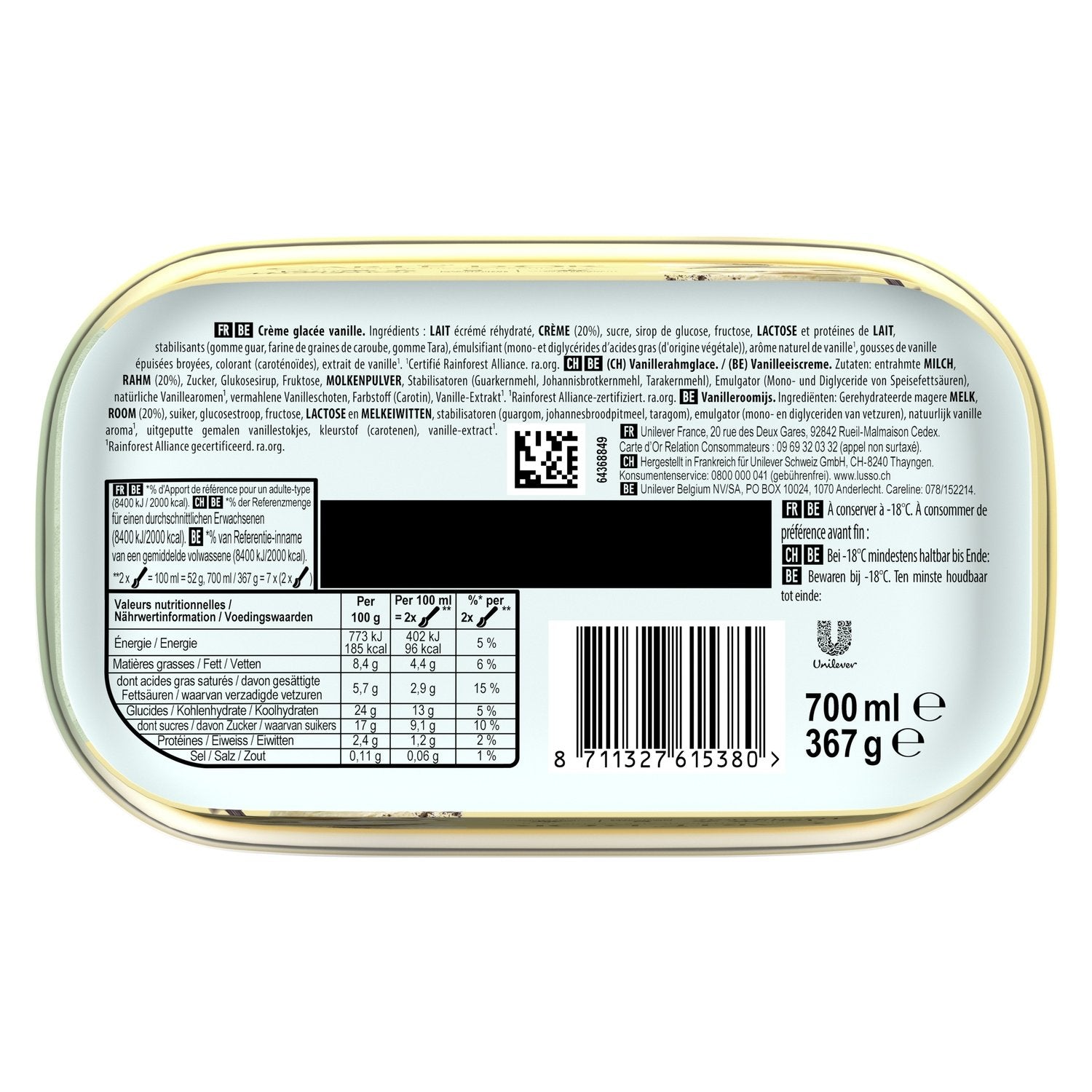 Glace Crème Glacée Vanille De Madagascar - CARTE D'OR  le bac de 700mL
