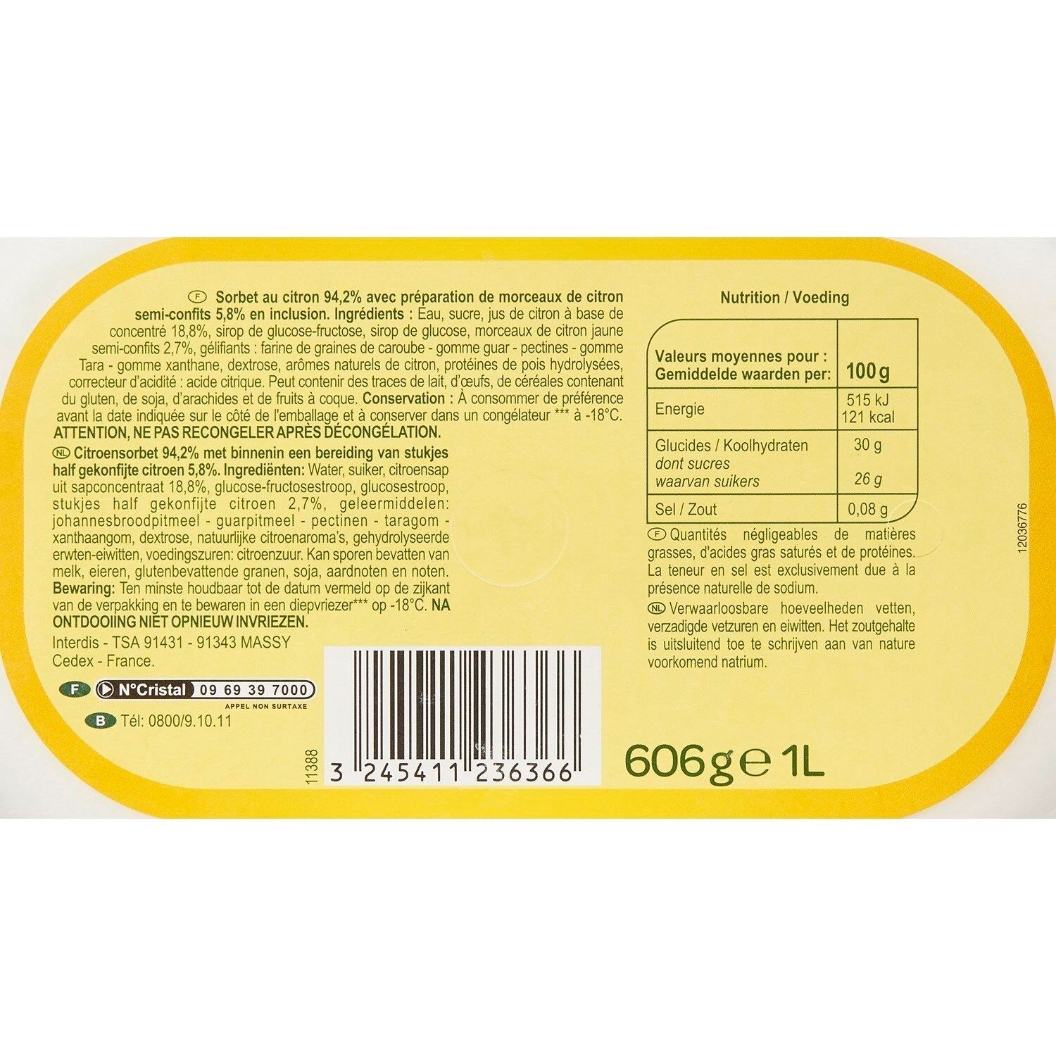 Sorbet citron CARREFOUR EXTRA - le bac de 606g