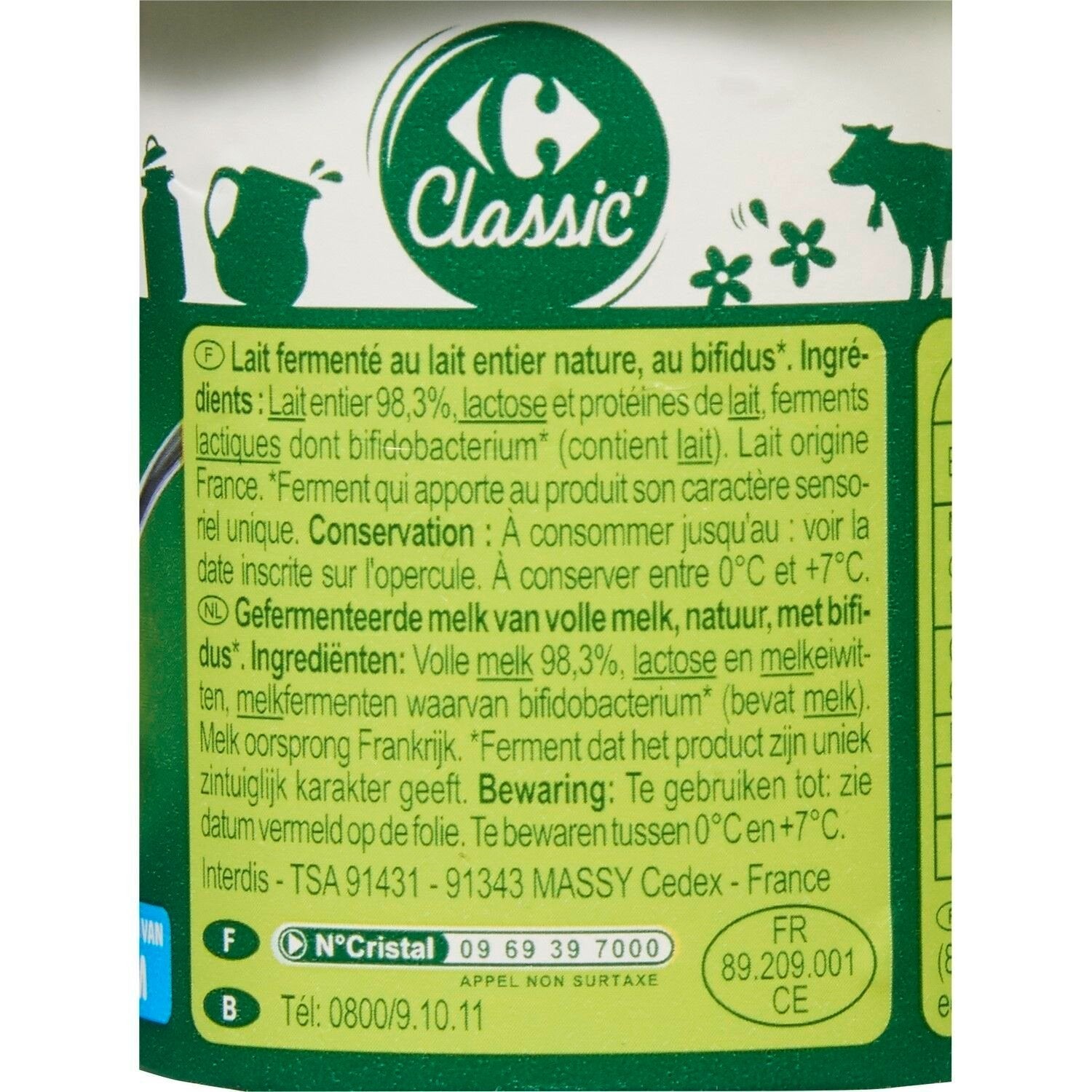 Yaourts bifidus nature CARREFOUR CLASSIC -Les 4 pots de 125 G