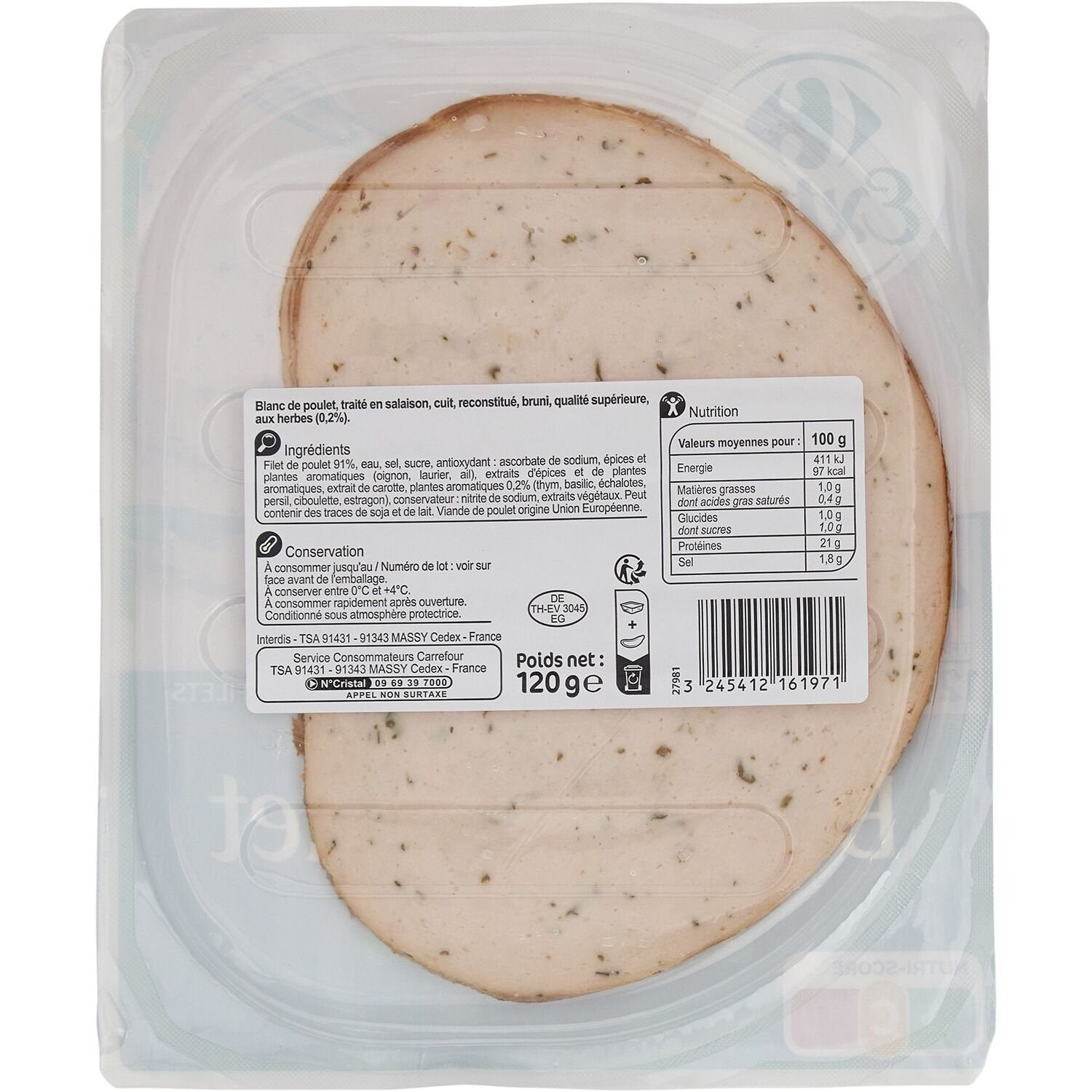 Blanc de poulet aux herbes CARREFOUR EXTRA - 4 tranches - 120g