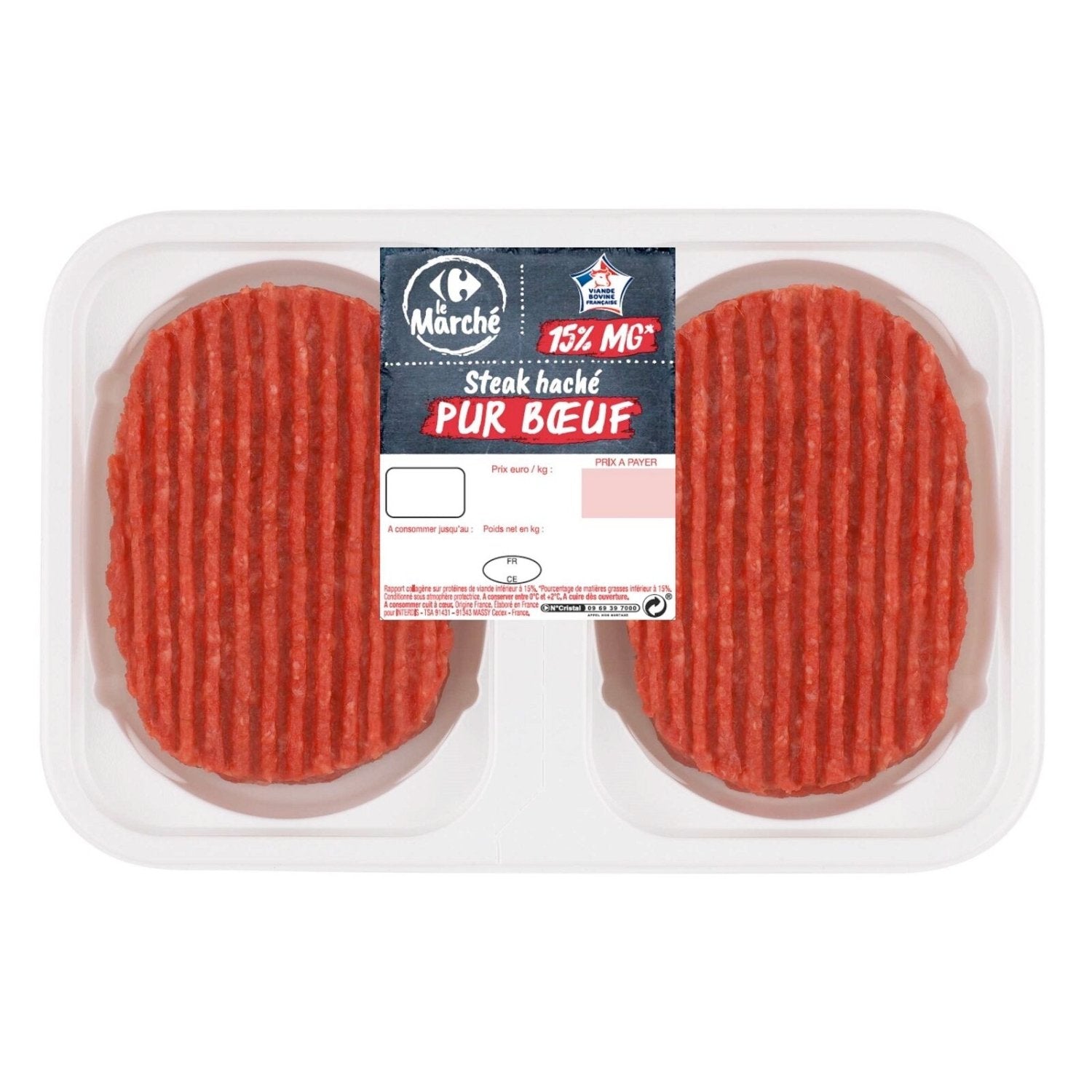 Steaks hachés pur bœuf 15% MG CARREFOUR LE MARCHE - 2 pcs - 250g