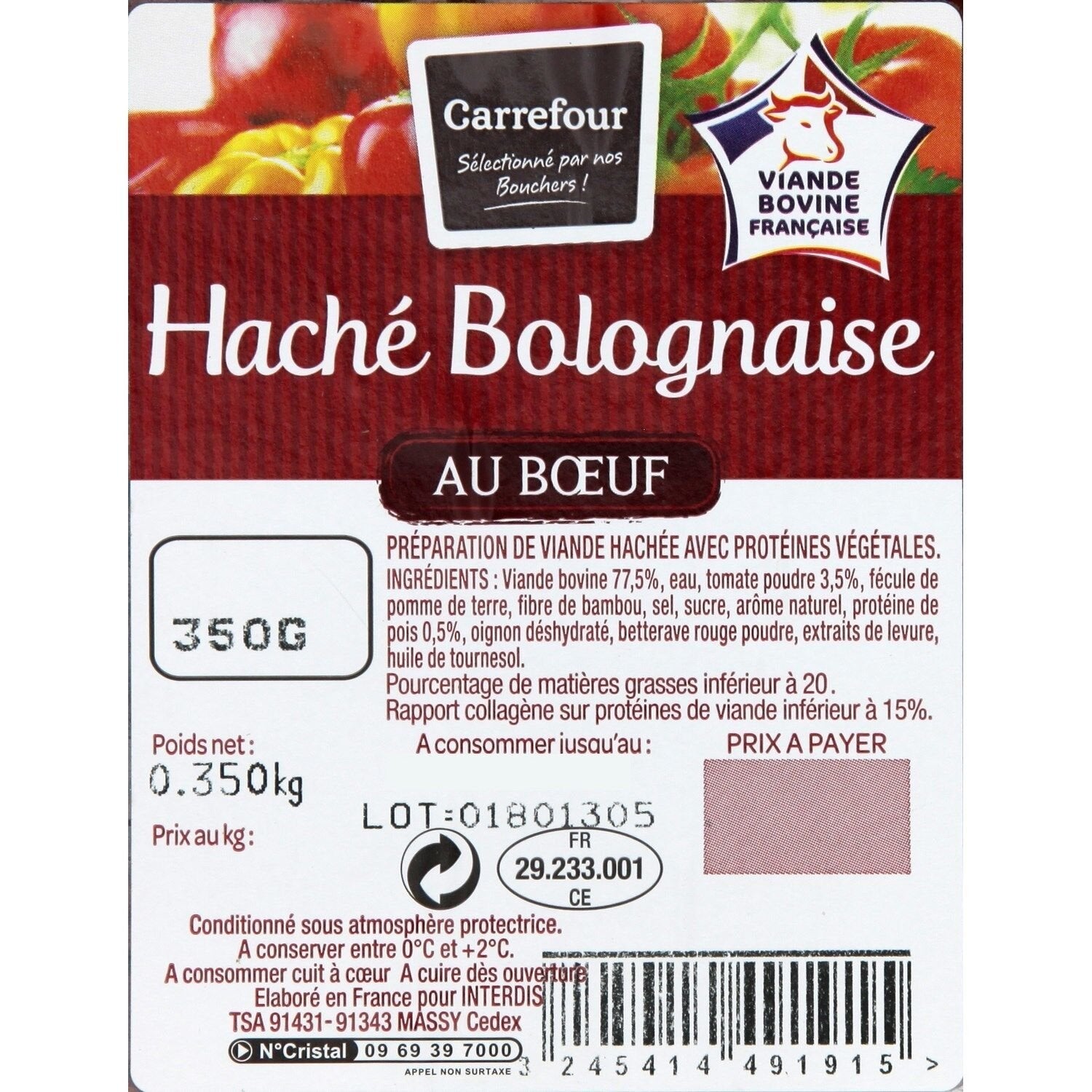 Viande hachée au bœuf bolognaise CARREFOUR - 350g