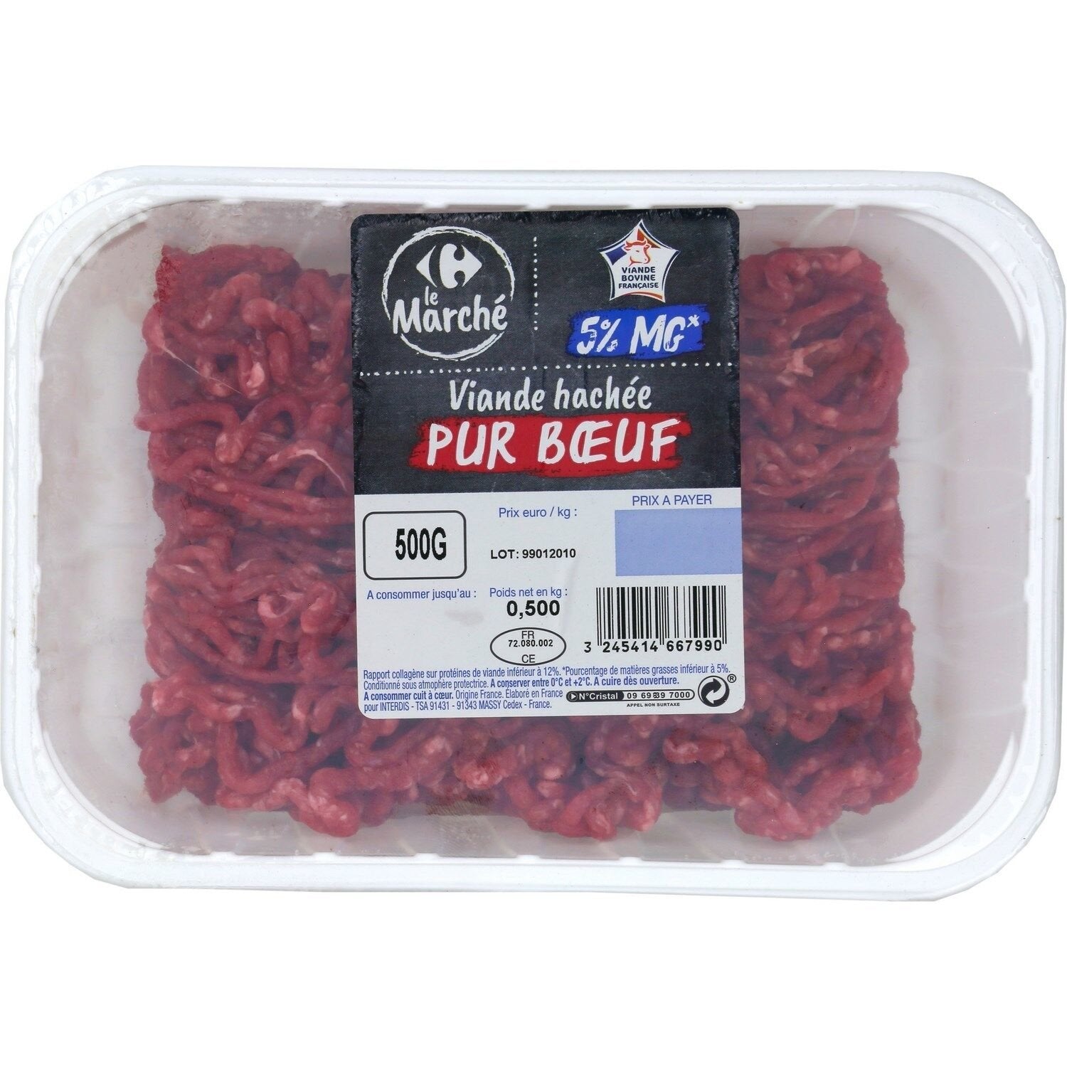 Viande hachée pur bœuf 5% MG CARREFOUR LE MARCHE - 500g
