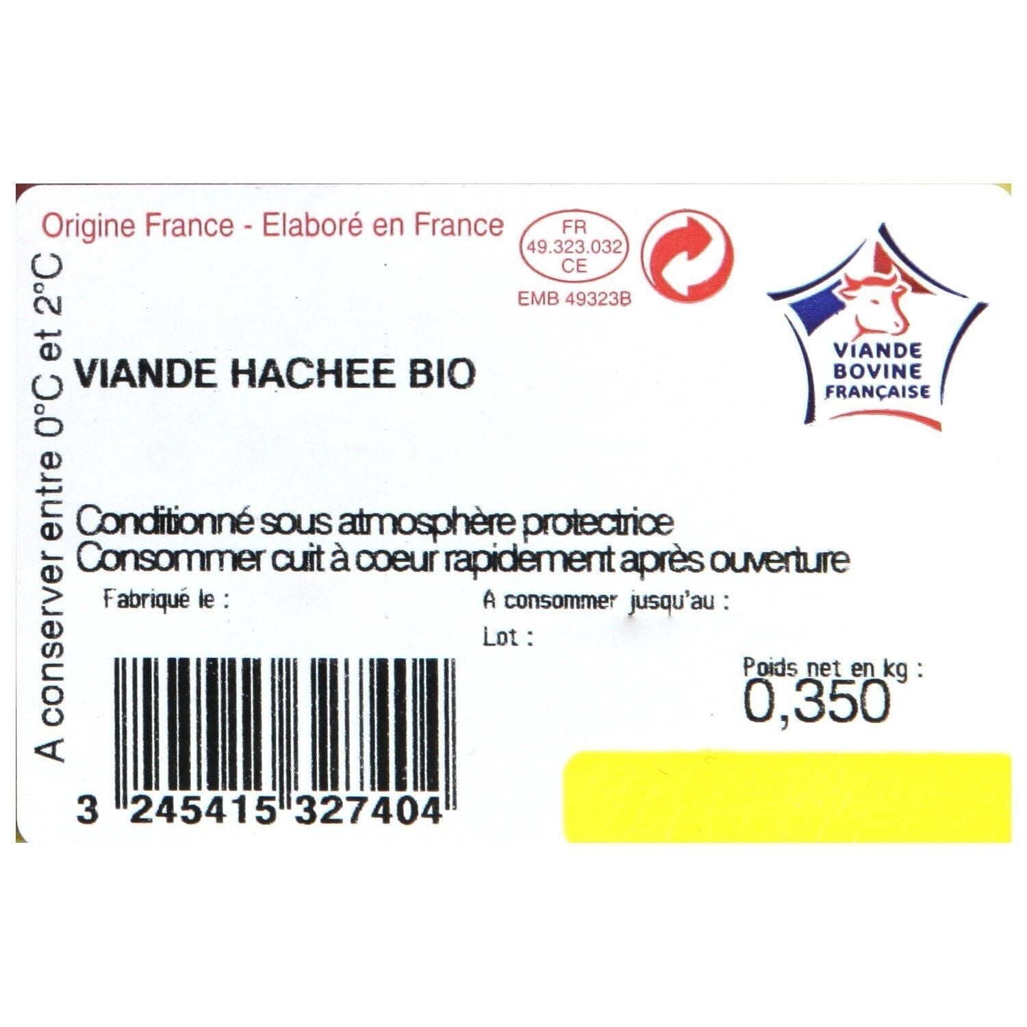 Viande Bovine : Viande hachée pur bœuf 15% MG Bio CARREFOUR BIO - 350g