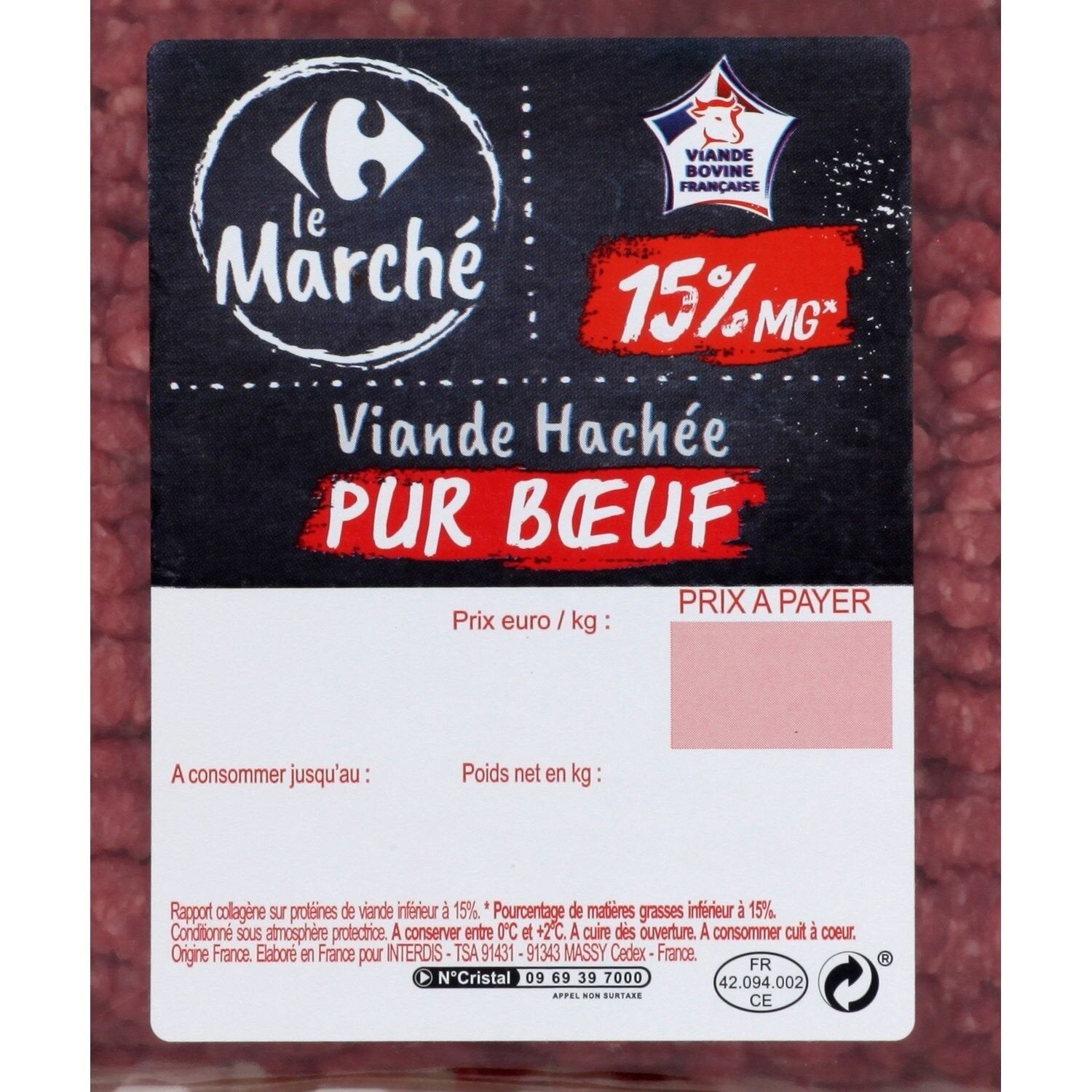 Viande hachée pur bœuf 15% MG CARREFOUR LE MARCHE - 1Kg