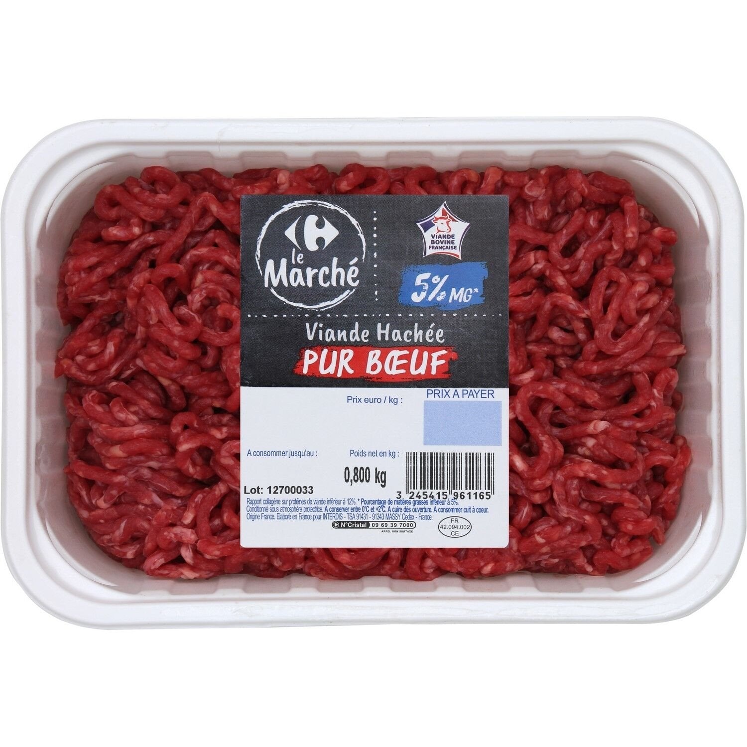 Viande hachée pur bœuf 5% MG CARREFOUR LE MARCHE - 800g