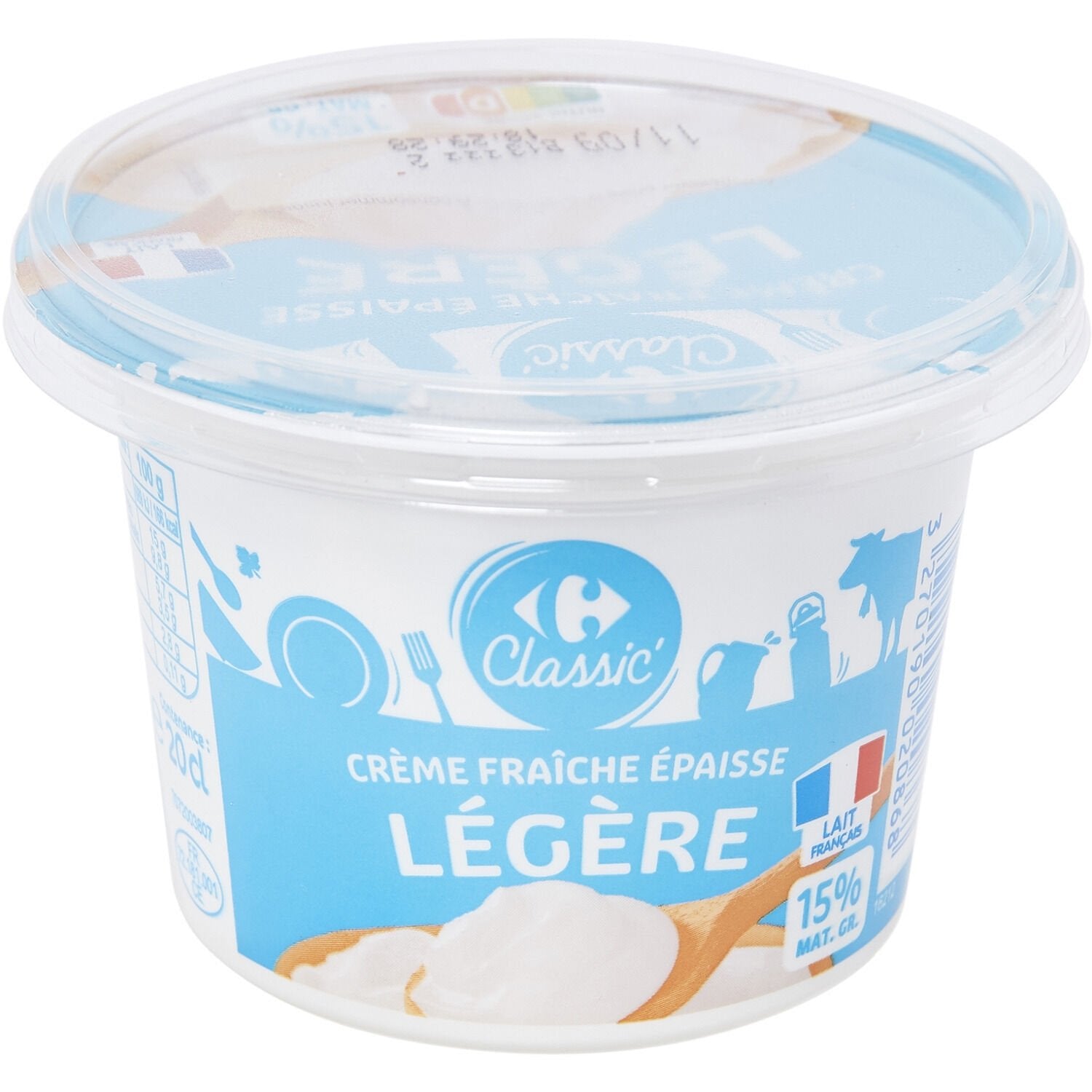 Crème Fraîche Epaisse Légère 15% Mat.Gr. CARREFOUR CLASSIC -  le pot de 199 G