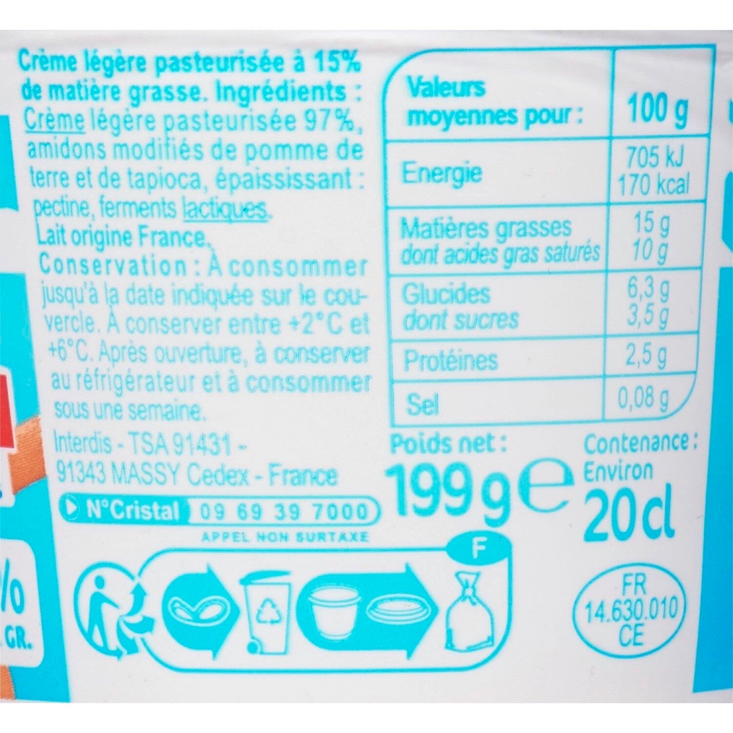 Crème Fraîche Epaisse Légère 15% Mat.Gr. CARREFOUR CLASSIC - le pot de 199 G