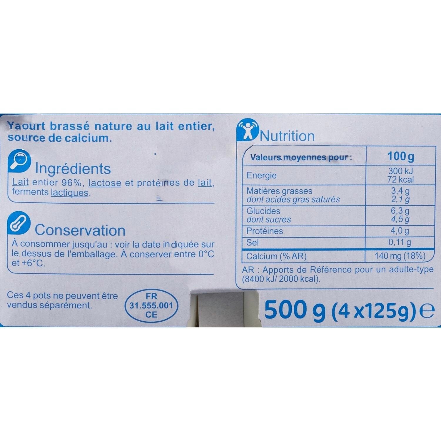 Yaourts Brassé Nature CARREFOUR CLASSIC - Les 4 pots de 125 G