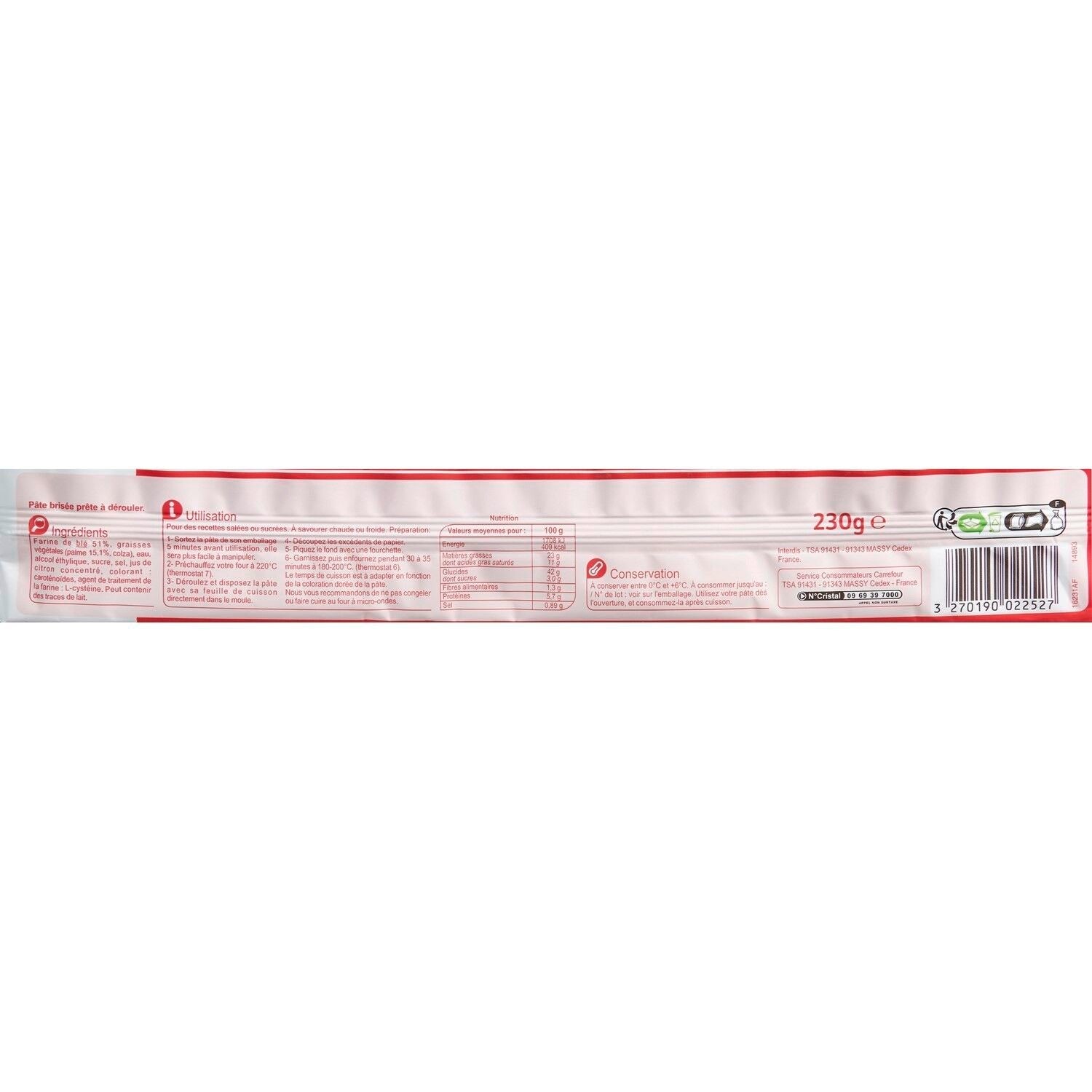 Pâte brisée CARREFOUR CLASSIC - le paquet de 230 G