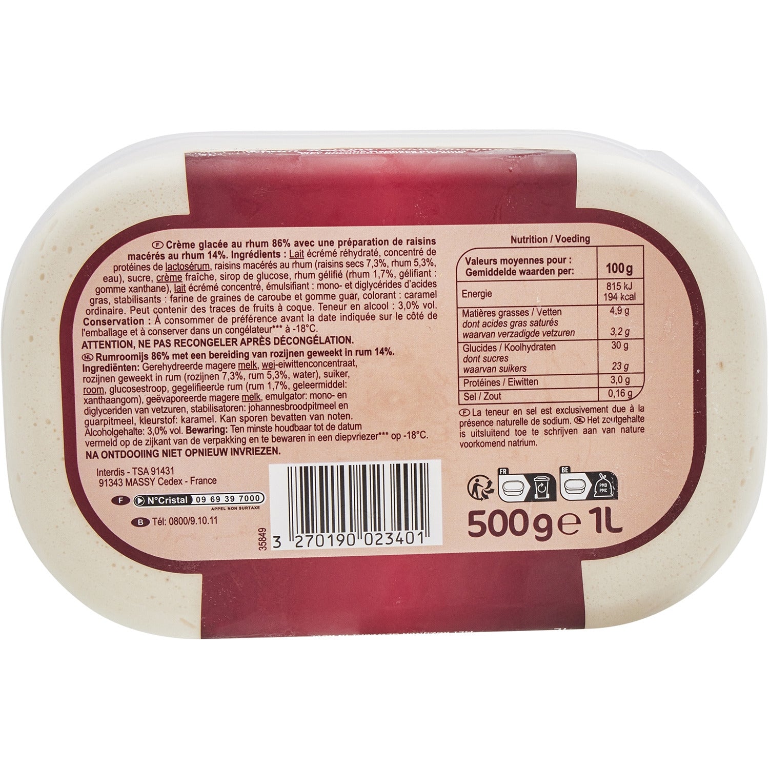 Glace rhum raisins CARREFOUR EXTRA -  le bac à 500 g