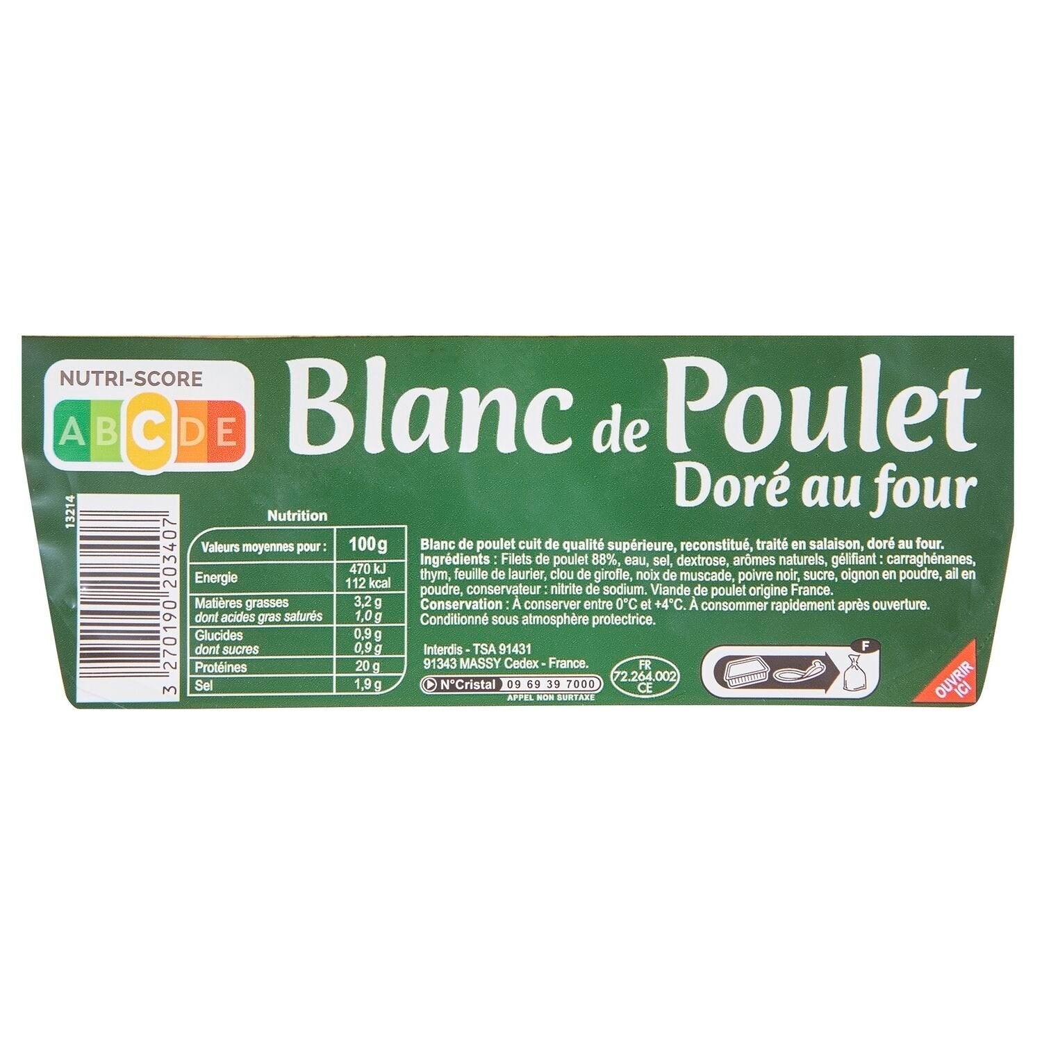 Blanc de poulet doré au four CARREFOUR - 2 tranches - 80g