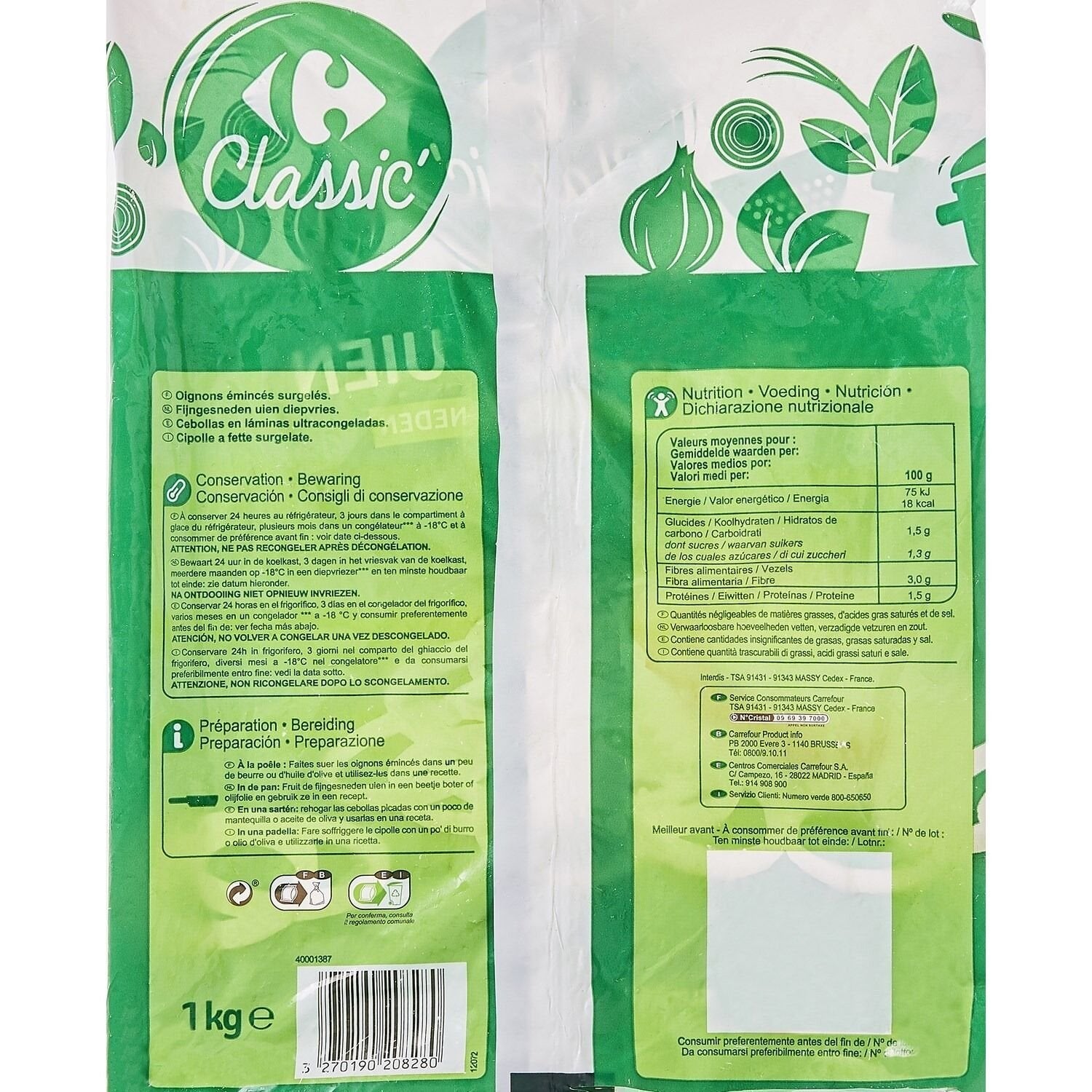 Oignons émincés CARREFOUR CLASSIC - le sachet de 1Kg