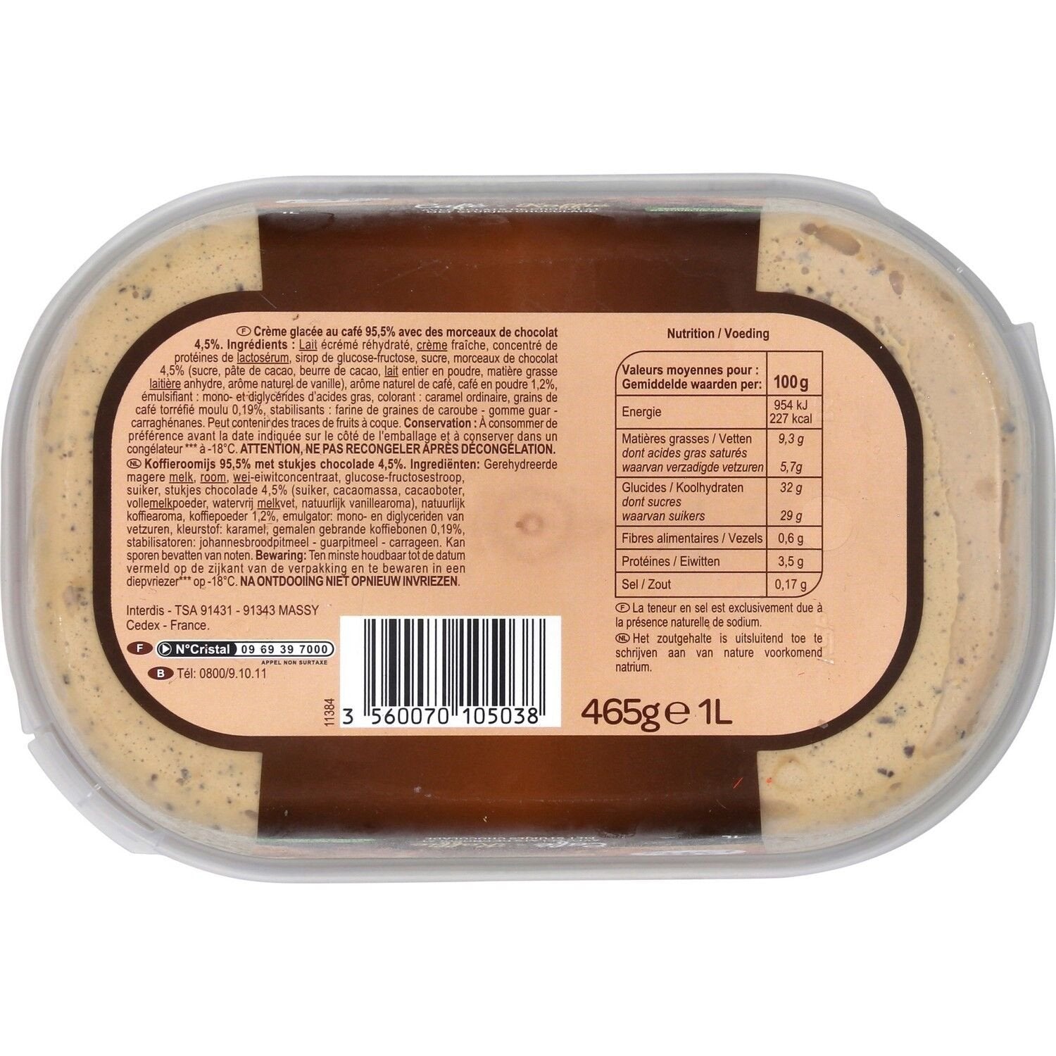 Glace café éclats chocolat CARREFOUR EXTRA - le bac de 465g