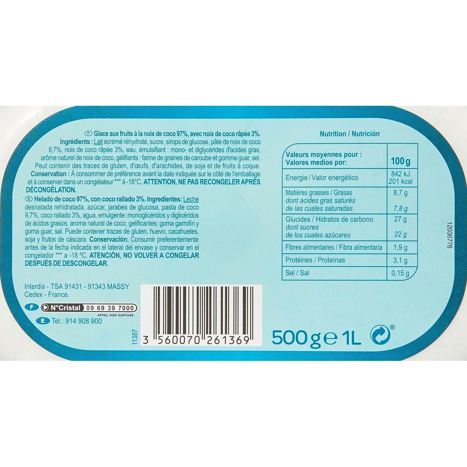 Glace coco CARREFOUR EXTRA - le bac de 1L
