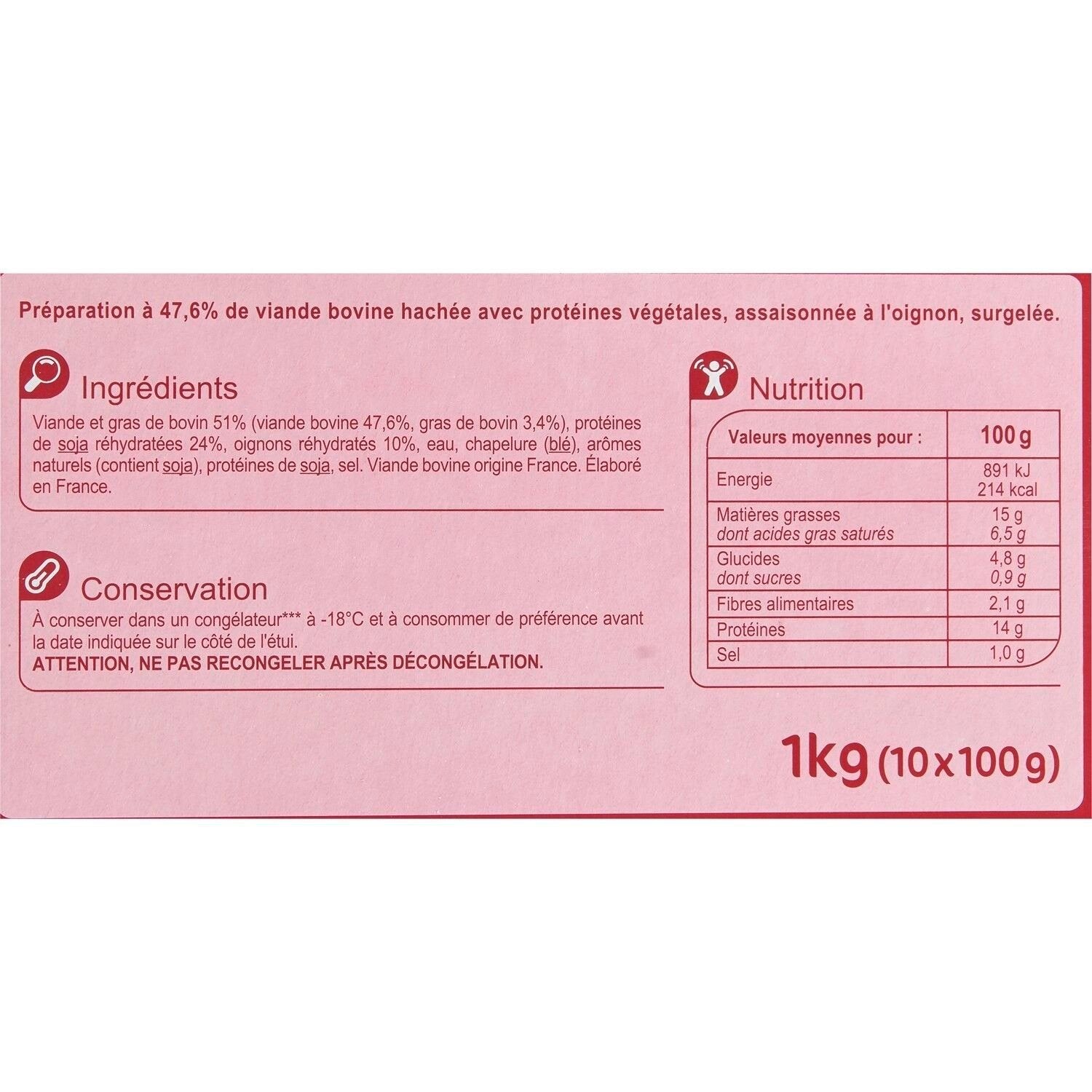 Haché à l'oignon CARREFOUR CLASSIC - 10 hachés de 100g