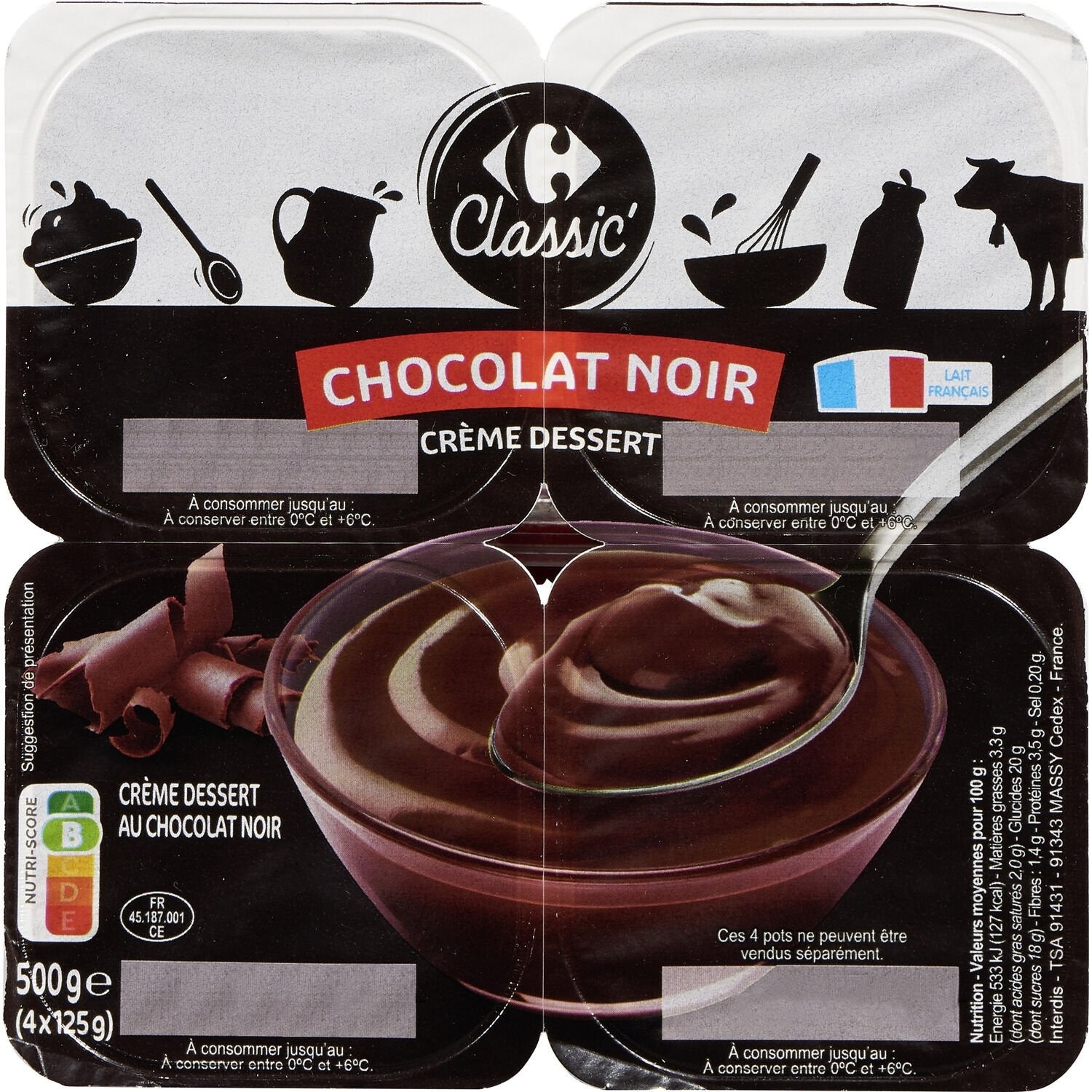 Crème dessert chocolat noir CARREFOUR CLASSIC - 4 pots de 125 G
