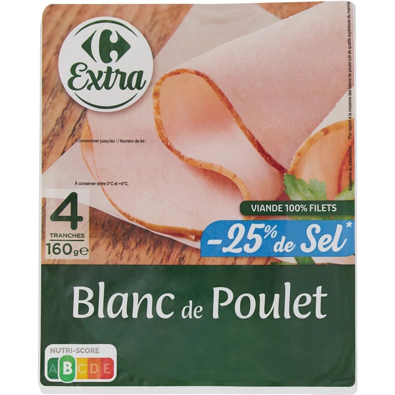 Blanc de poulet réduit en sel CARREFOUR EXTRA - 4 tranches - 160g
