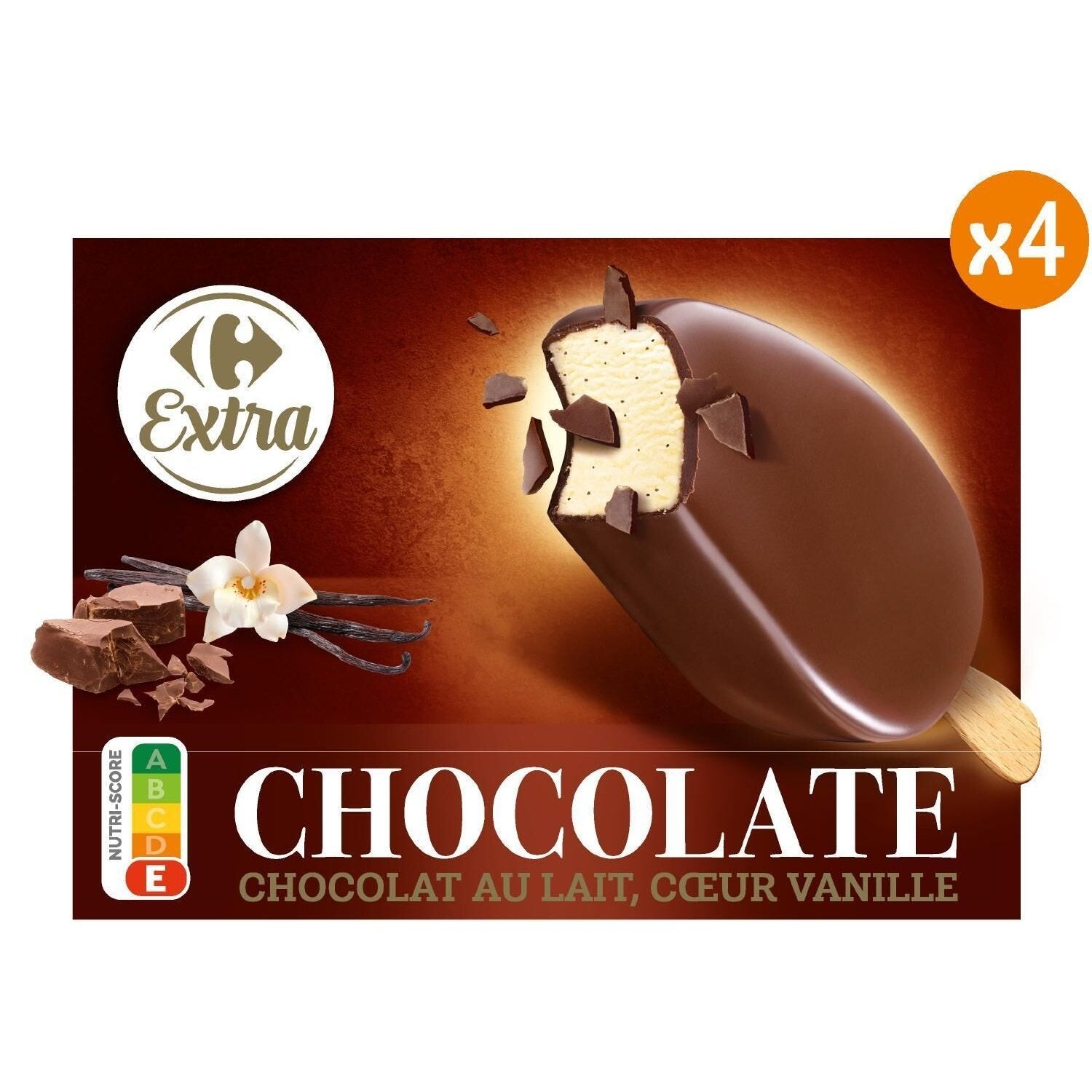Glaces chocolat au lait cœur vanille CARREFOUR EXTRA - 4 pcs de 75g