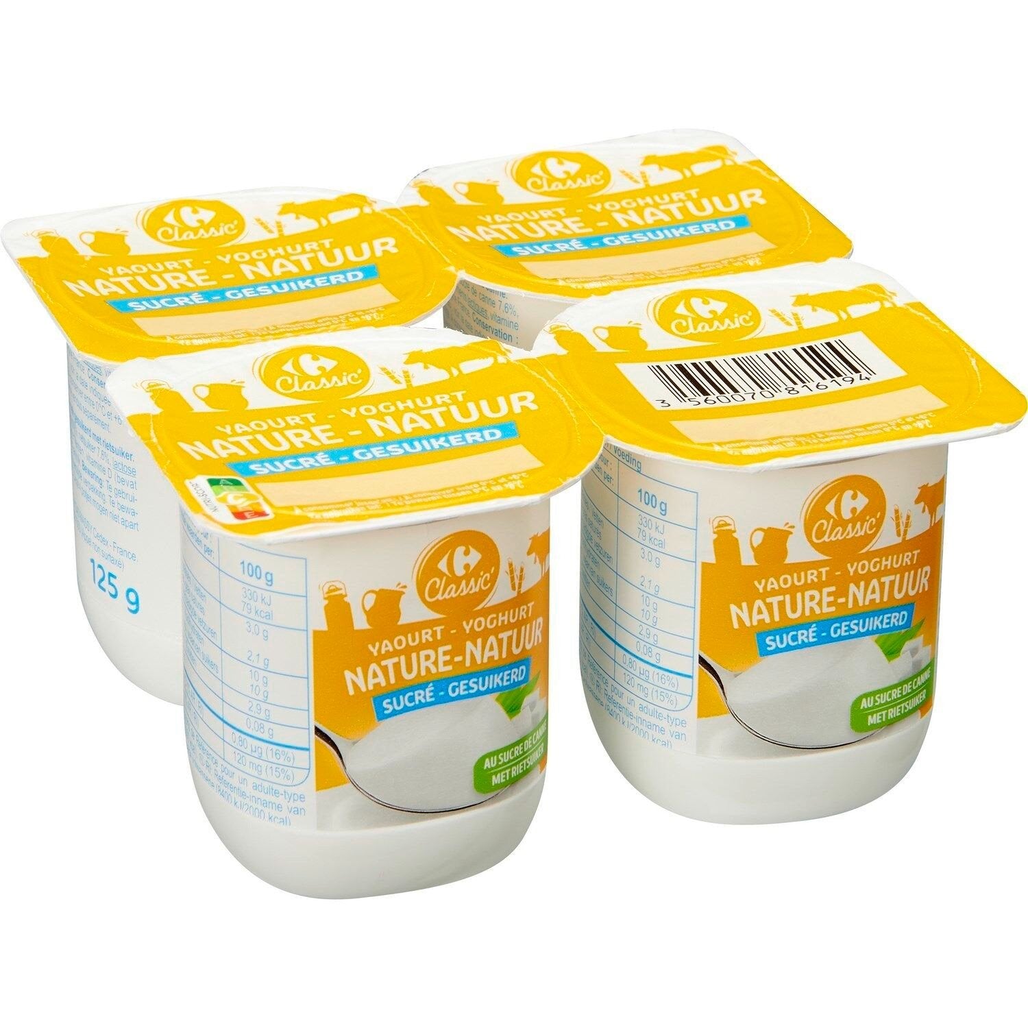 Yaourts Nature Sucré CARREFOUR CLASSIC - Les 4 pots de 125 G