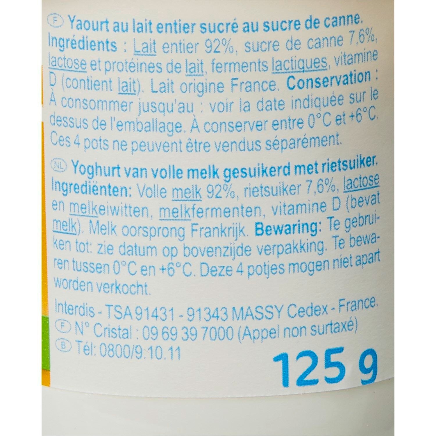 Yaourts Nature Sucré CARREFOUR CLASSIC - Les 4 pots de 125 G