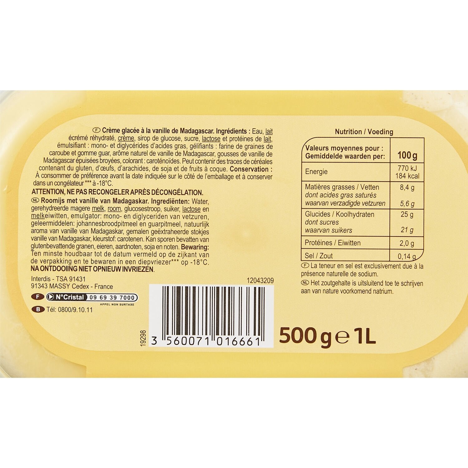 Glace vanille CARREFOUR - le bac de 500g