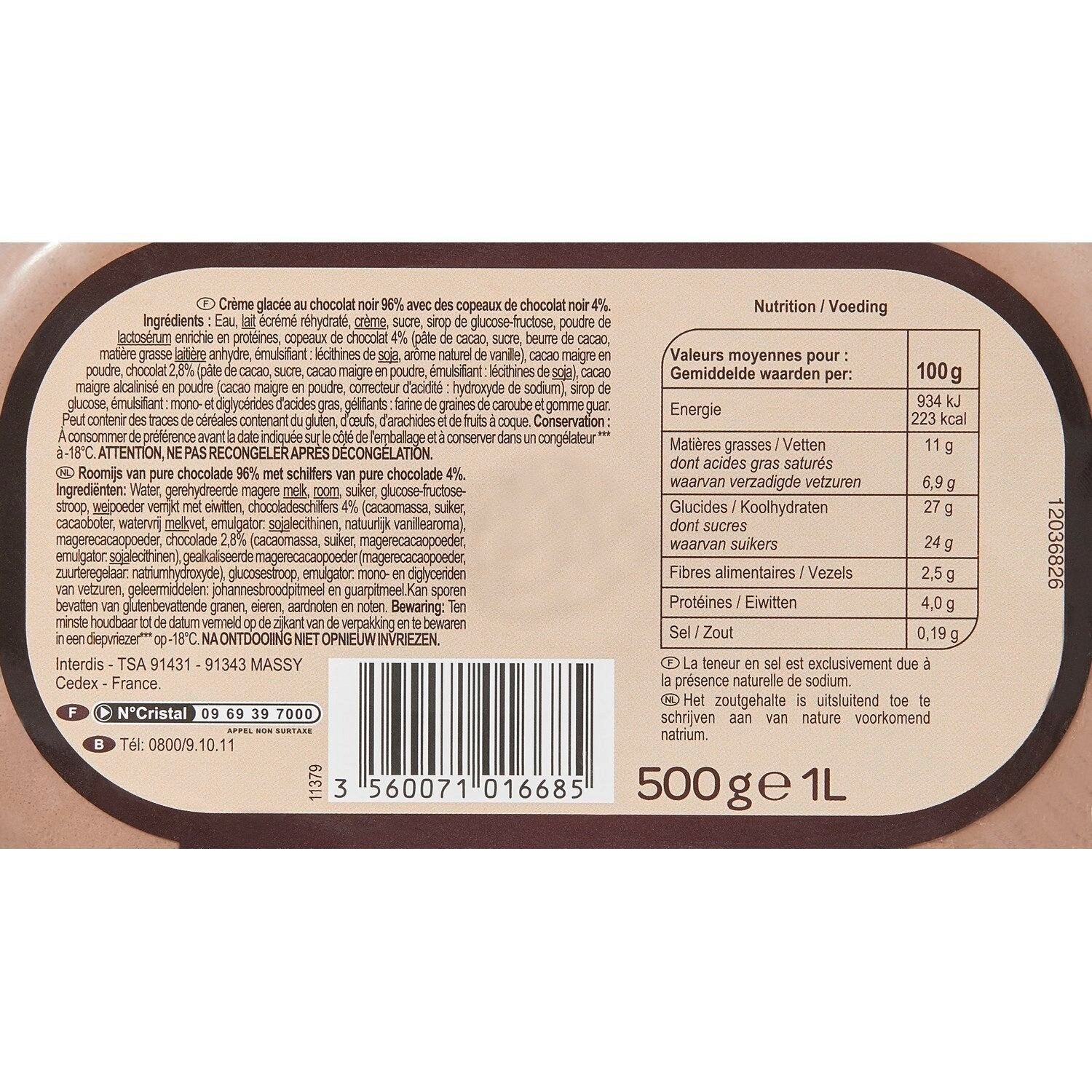 Glace chocolat noir CARREFOUR EXTRA - le bac de 500g