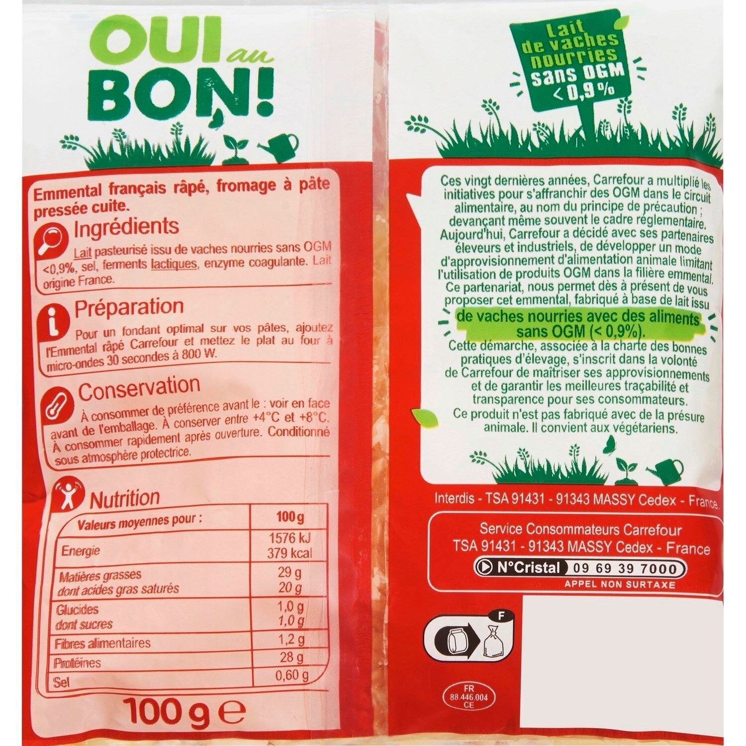 Fromage Râpé Emmental Sans OGM CARREFOUR CLASSIC - sachet de 100 G