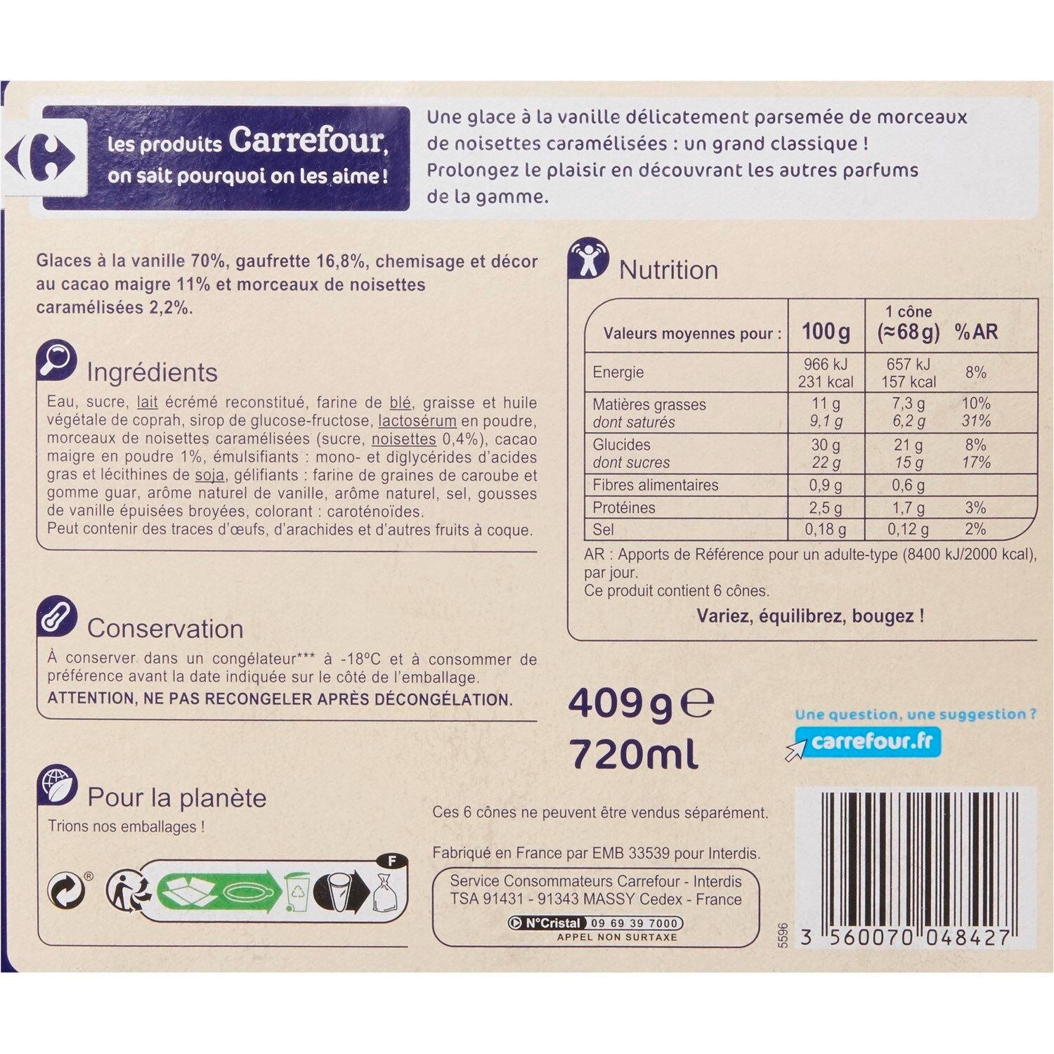 Glaces cônes vanille CARREFOUR - 6 pcs - 409g