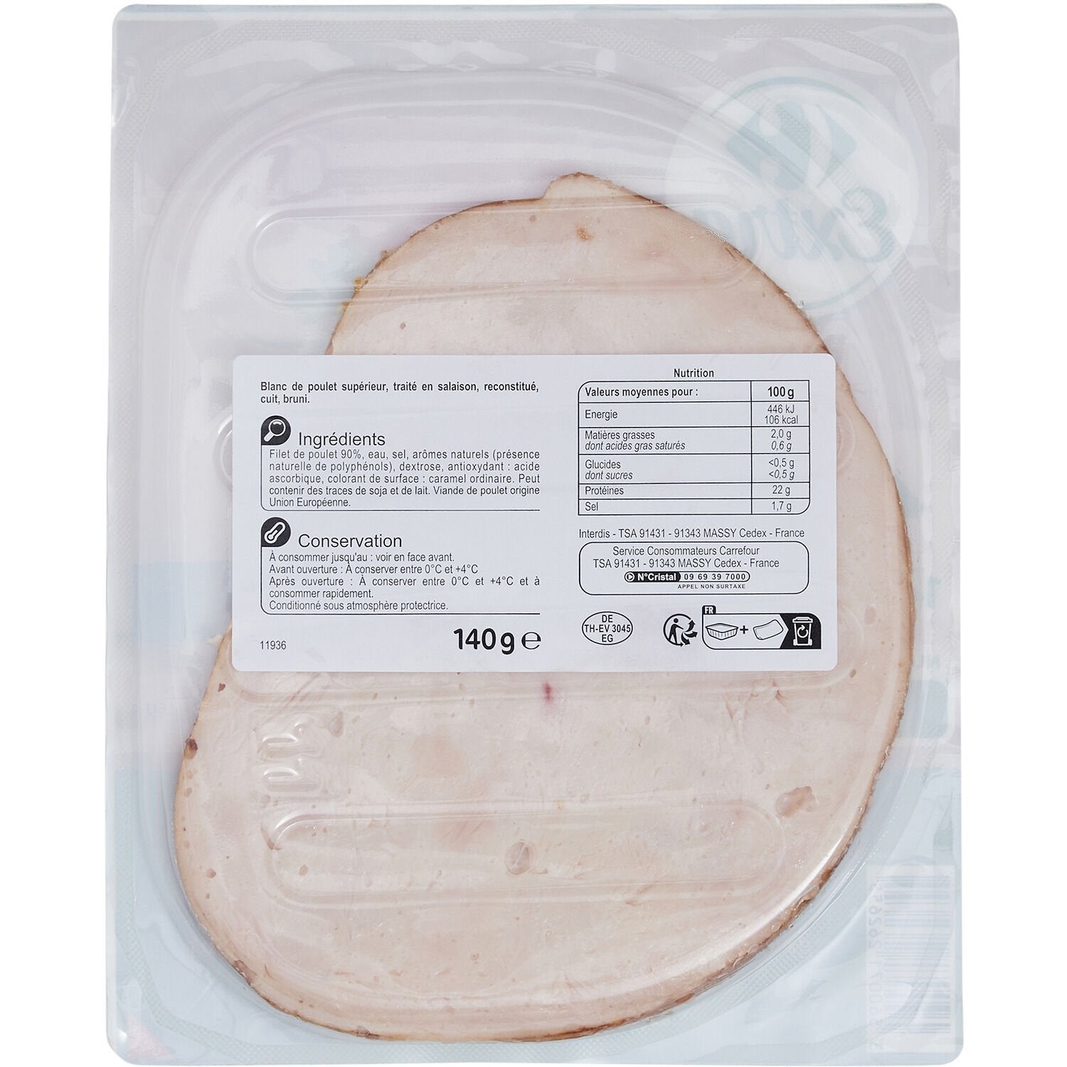 Blanc de poulet conservation sans nitrite CARREFOUR EXTRA - 4 tranches - 140g