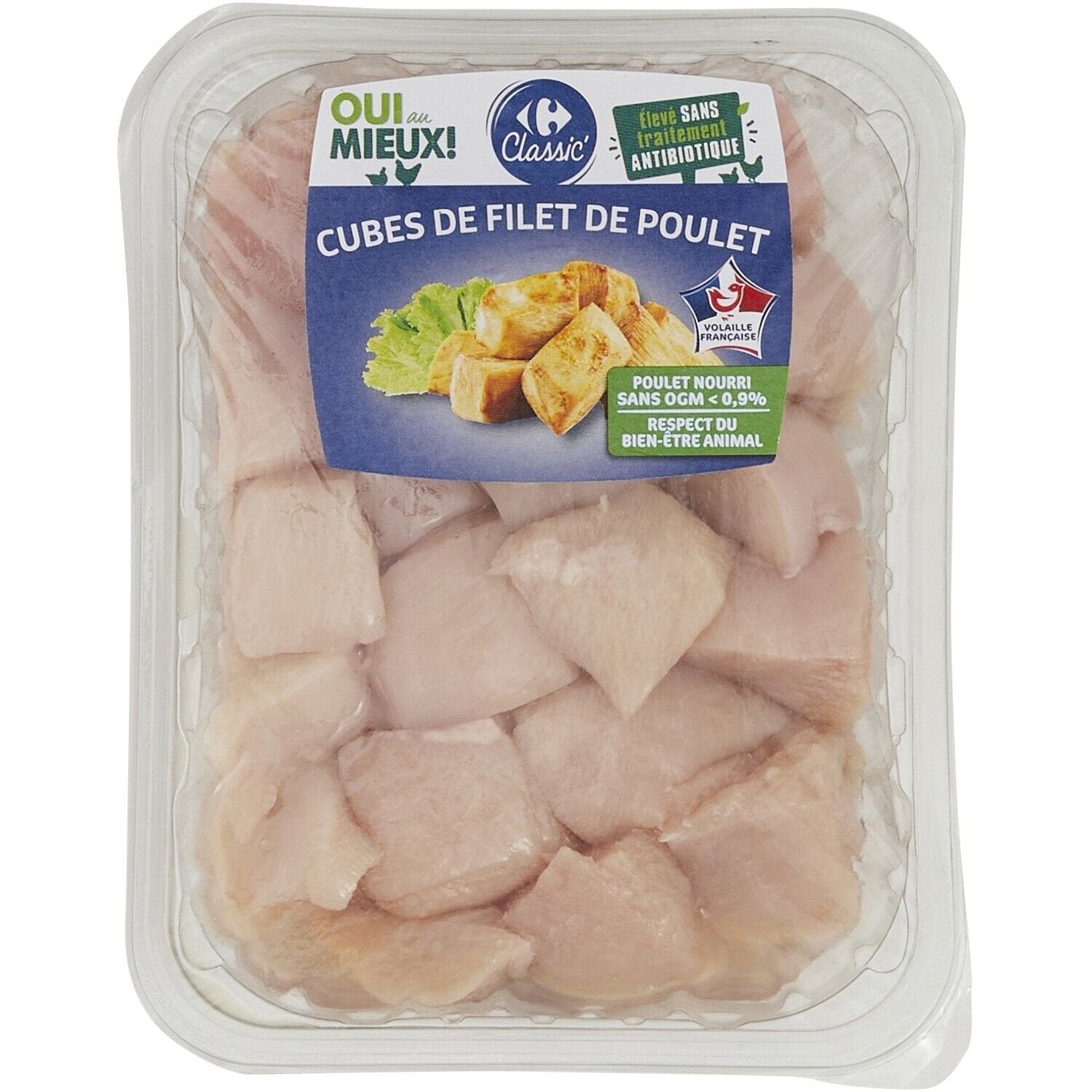 Cubes de filet de poulet blanc CARREFOUR CLASSIC - barquette de 500g