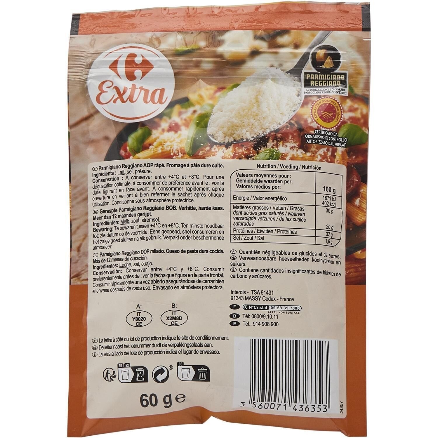 Parmigiano Reggiano râpé AOP CARREFOUR EXTRA - le sachet de 60 G