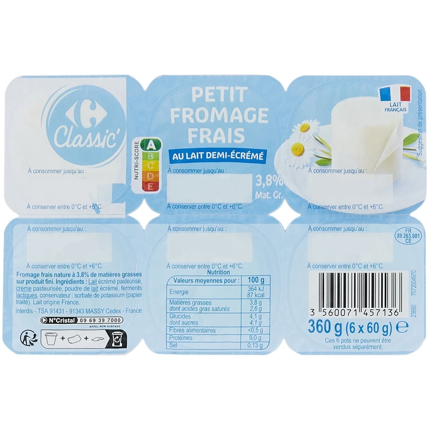 Fromage frais 3,8% MG CARREFOUR CLASSIC - 6 pots de 60g