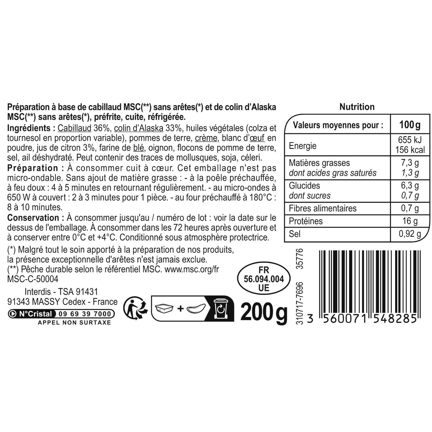 Haché de cabillau & colin CARREFOUR CLASSIC - 200g