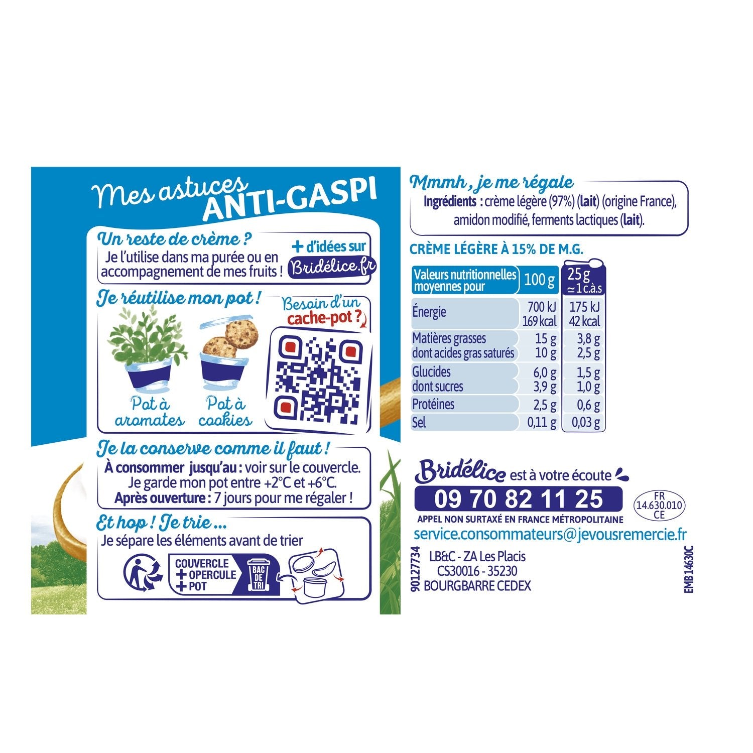 Crème Epaisse Légère 15% Mat.Gr. BRIDELICE - Le pot de 20 CL