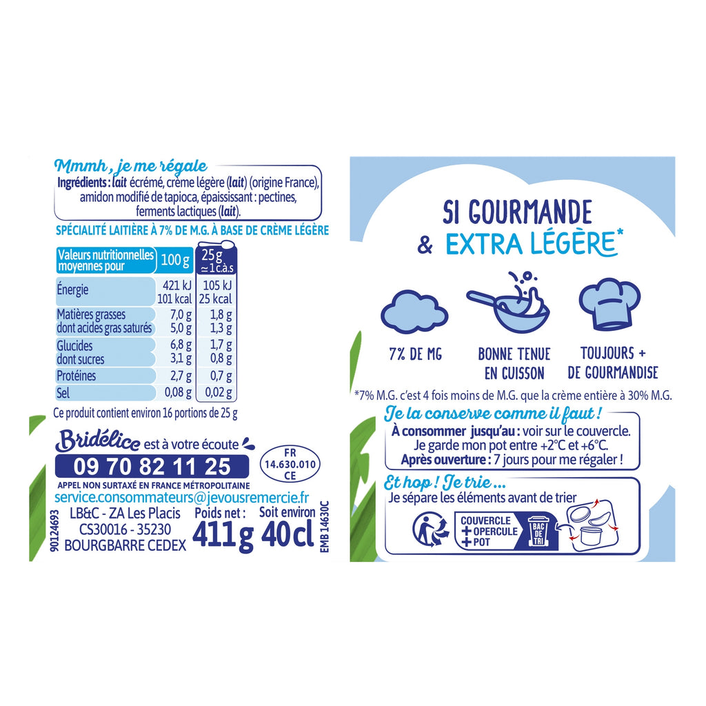 Crème Extra Légère et Epaisse 7% M.G BRIDELICE - le pot de 411 G