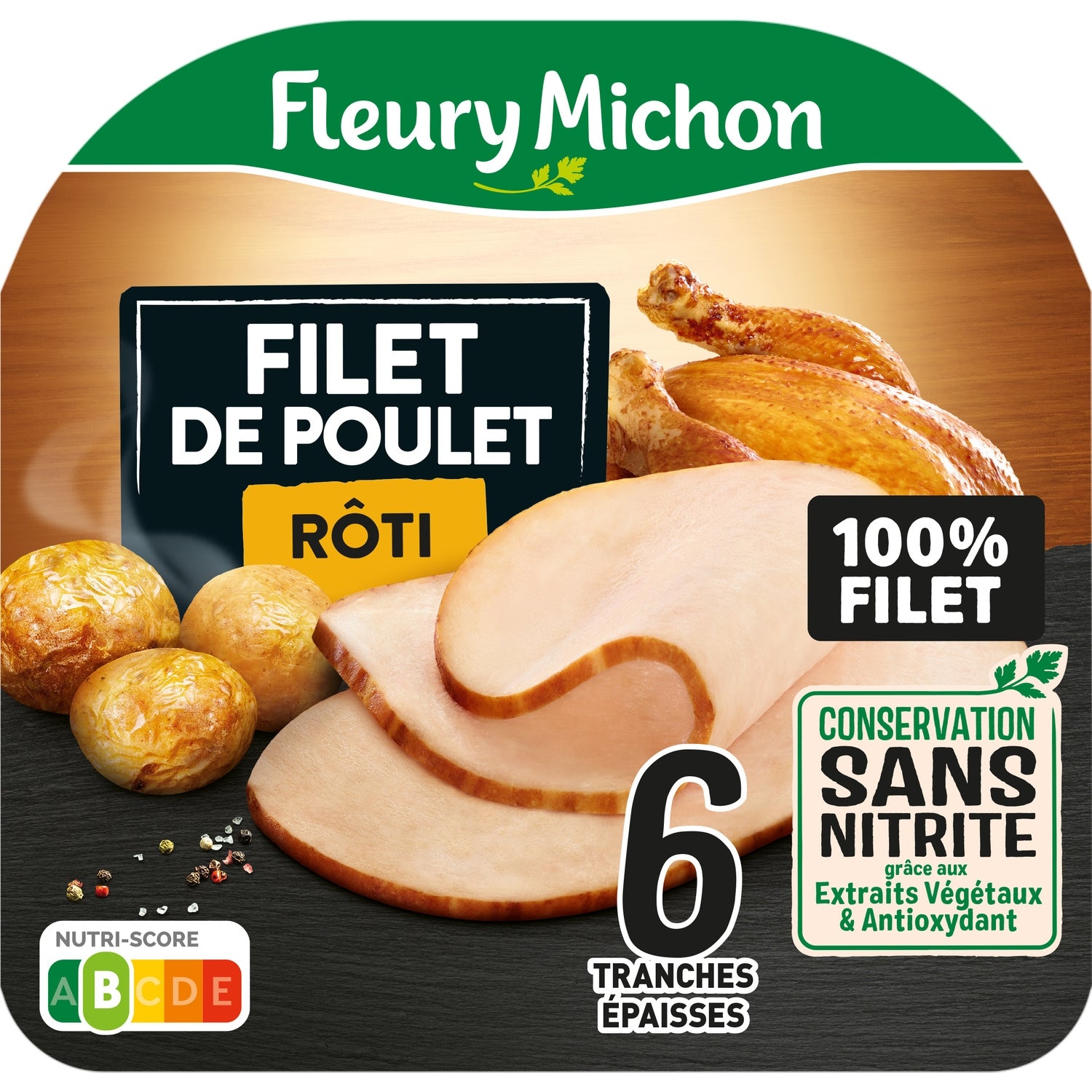 Filet de Poulet Rôti Conservation Sans Nitrite - FLEURY MICHON - La barquette de 6 tranches - 160 G