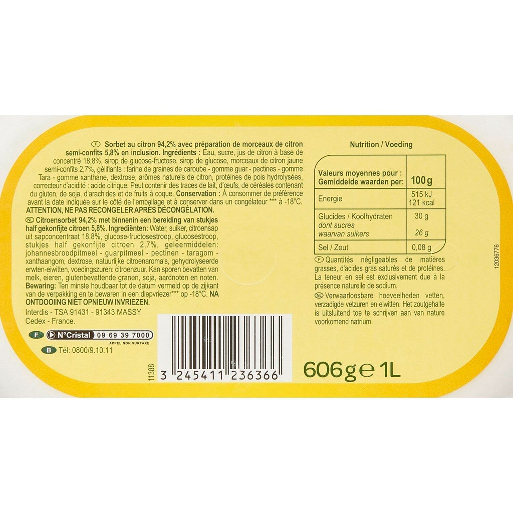 Sorbet citron CARREFOUR EXTRA - le bac de 606g