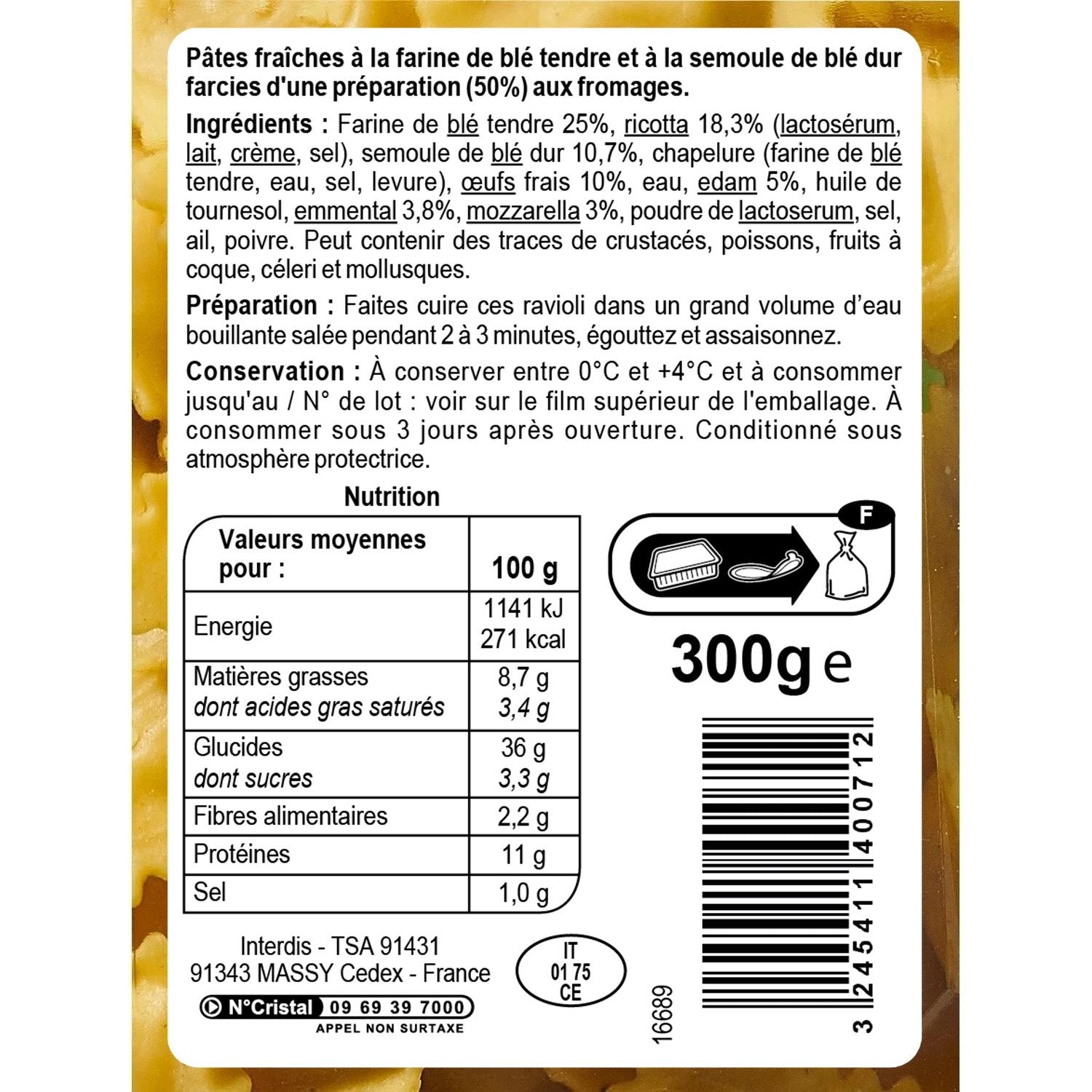 Pâtes fraîches Ravioli 4 fromages CARREFOUR EXTRA 300g