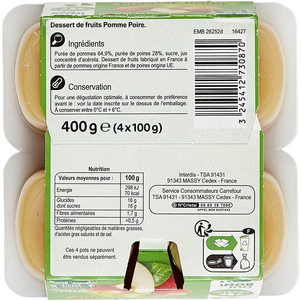 Compote Pomme Poire CARREFOUR - Les 4 pots de 100 G