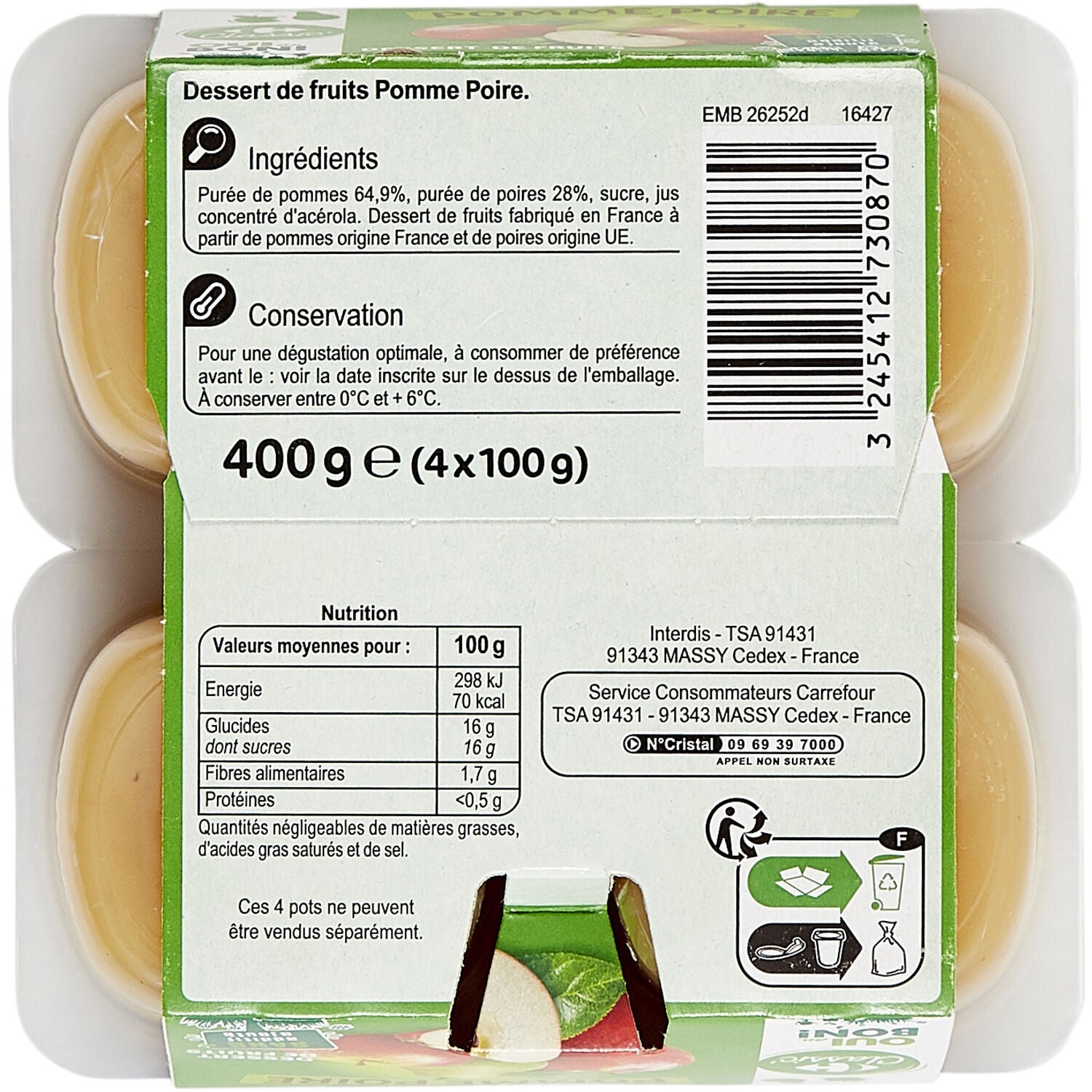 Compote Pomme Poire CARREFOUR - Les 4 pots de 100 G