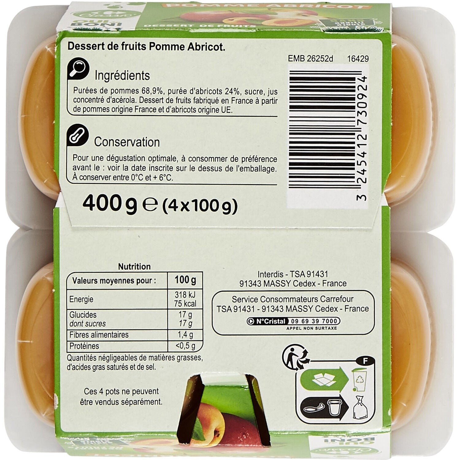 Compote Pomme Abricot CARREFOUR - Les 4 pots de 100 G