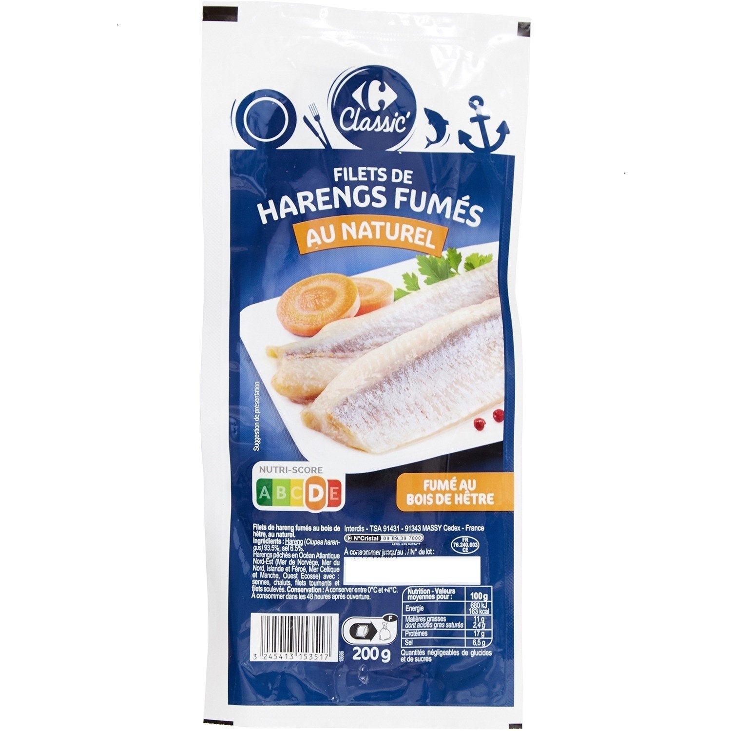 Filets de hareng fumé au naturel CARREFOUR CLASSIC - 200g