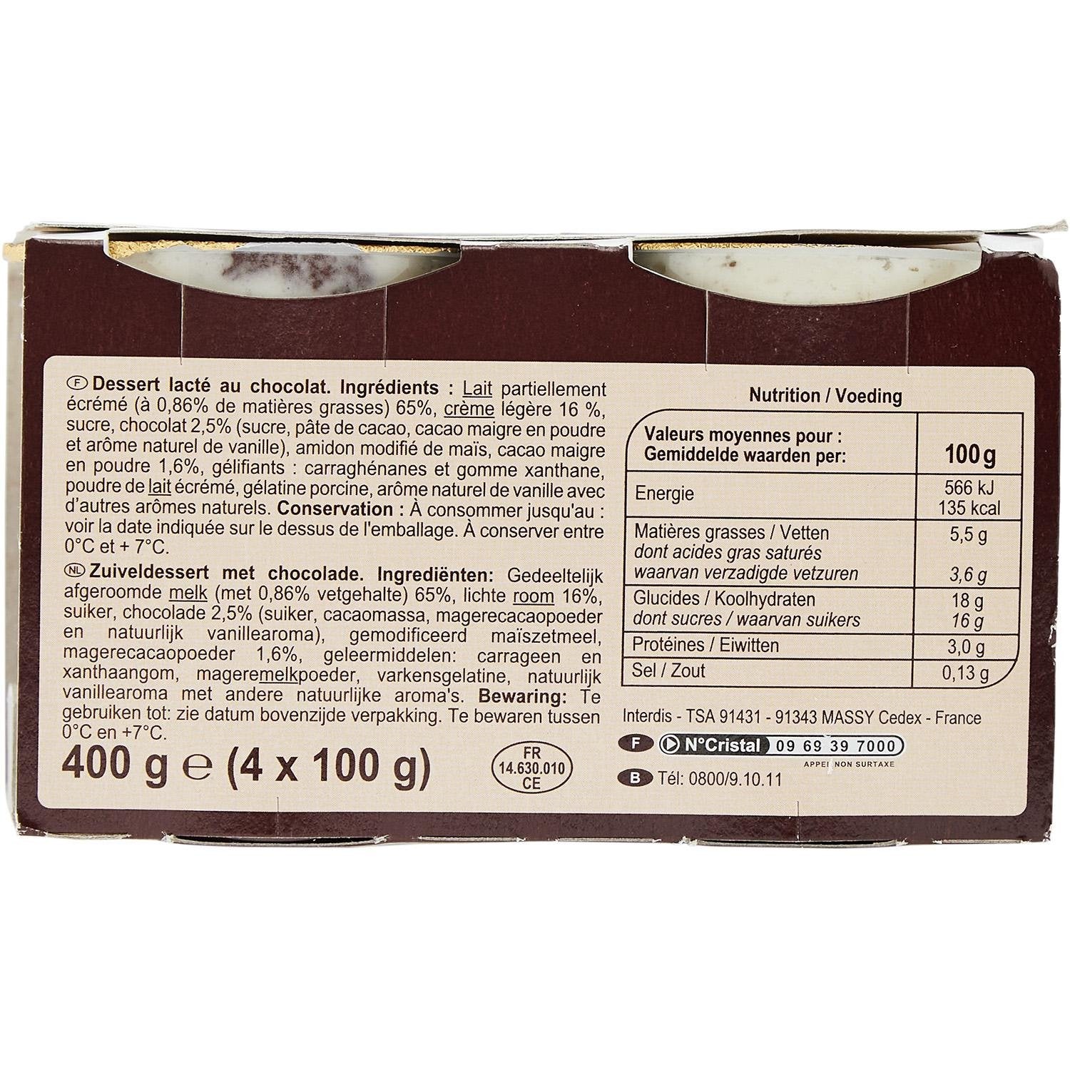 Liégeois chocolat CARREFOUR CLASSIC Les  les 4 pots de 100 G