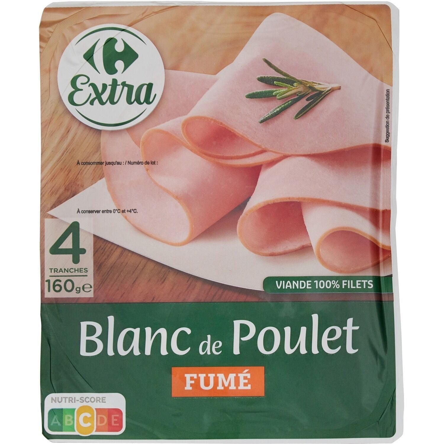 Blanc de poulet Fumé - CARREFOUR EXTRA - La barquette de 4 tranches - 160 G